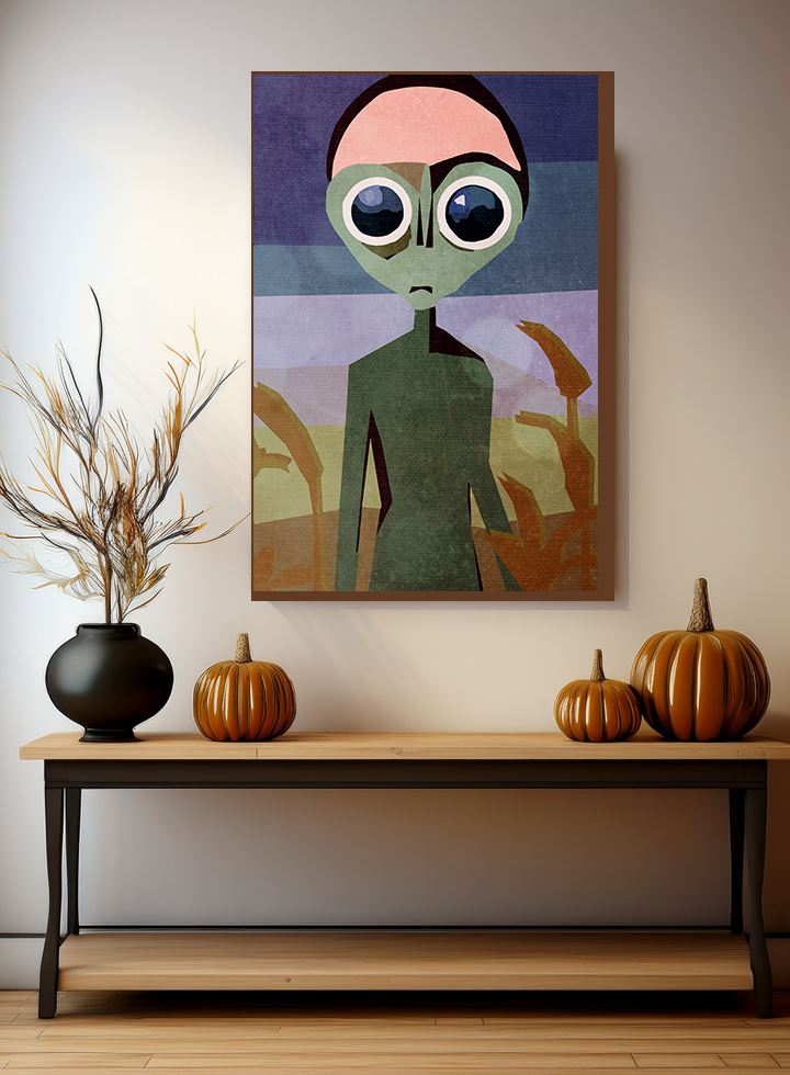 Midwest Mod Wide Eyed Alien in Cornfield Seasonal Silk Poster, Indoor and Outdoor Decor, Unique Home Decor, Seasonal Decor, Halloween, Alien