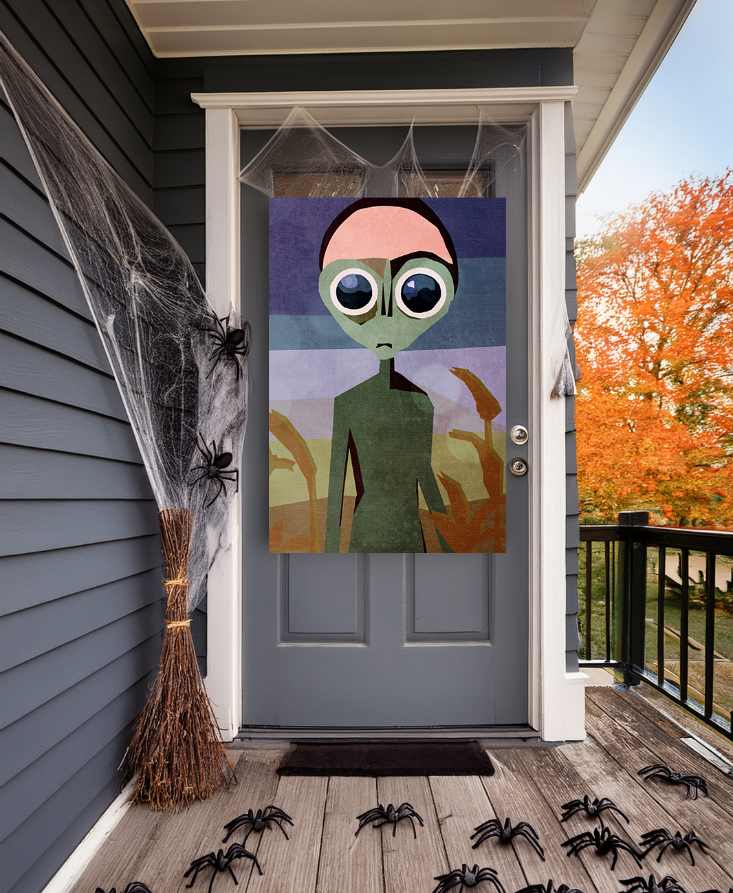 Midwest Mod Wide Eyed Alien in Cornfield Seasonal Silk Poster, Indoor and Outdoor Decor, Unique Home Decor, Seasonal Decor, Halloween, Alien
