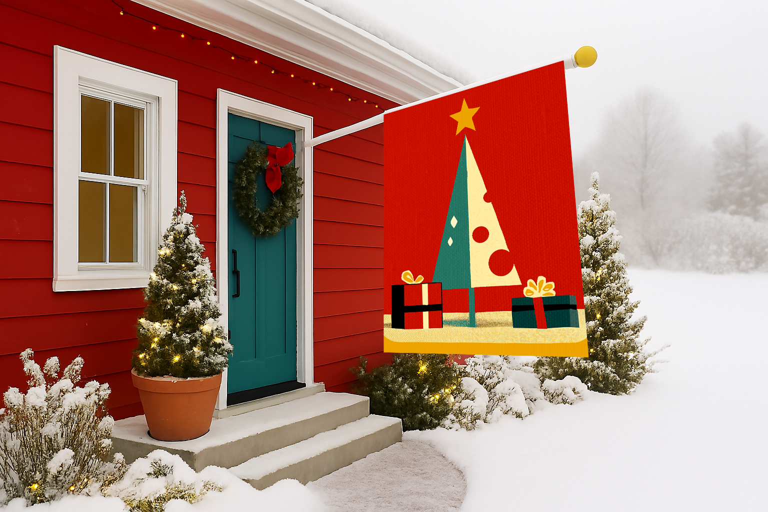 Seasonal Christmas Midwest Mod Tree and Gifts Outdoor House Flag Garden Banner