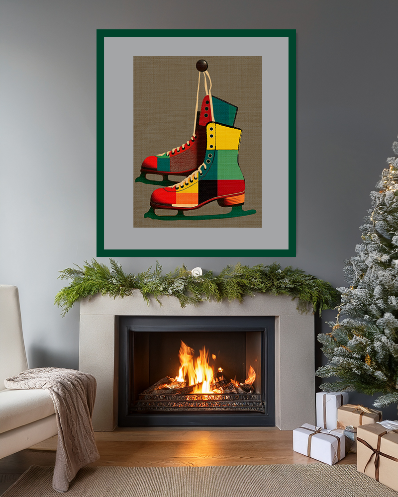 Midwest Mod Seasonal Winter Art Print Pair of Ice Skates in Plaid - Matte Canvas, Stretched, 1.25"