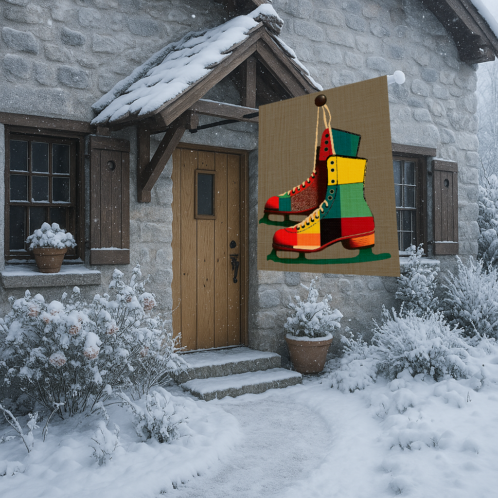 Seasonal Winter Midwest Mod Pair of Ice Skates in Plaid Outdoor House Flag Garden Banner
