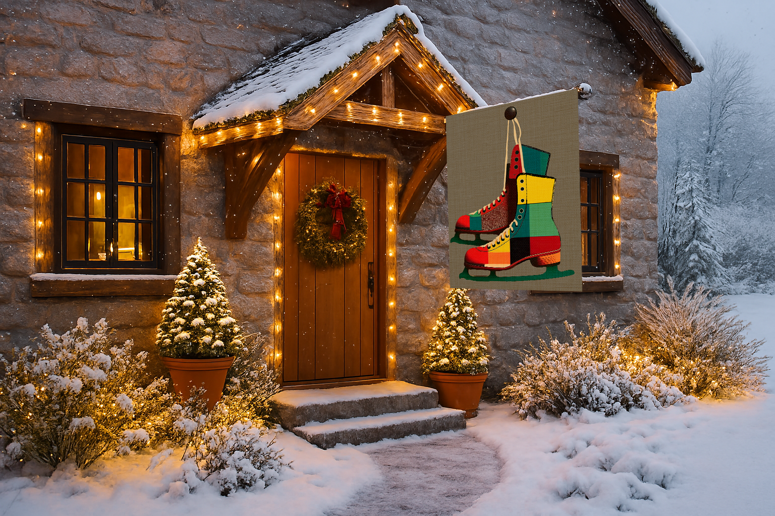 Seasonal Winter Midwest Mod Pair of Ice Skates in Plaid Outdoor House Flag Garden Banner