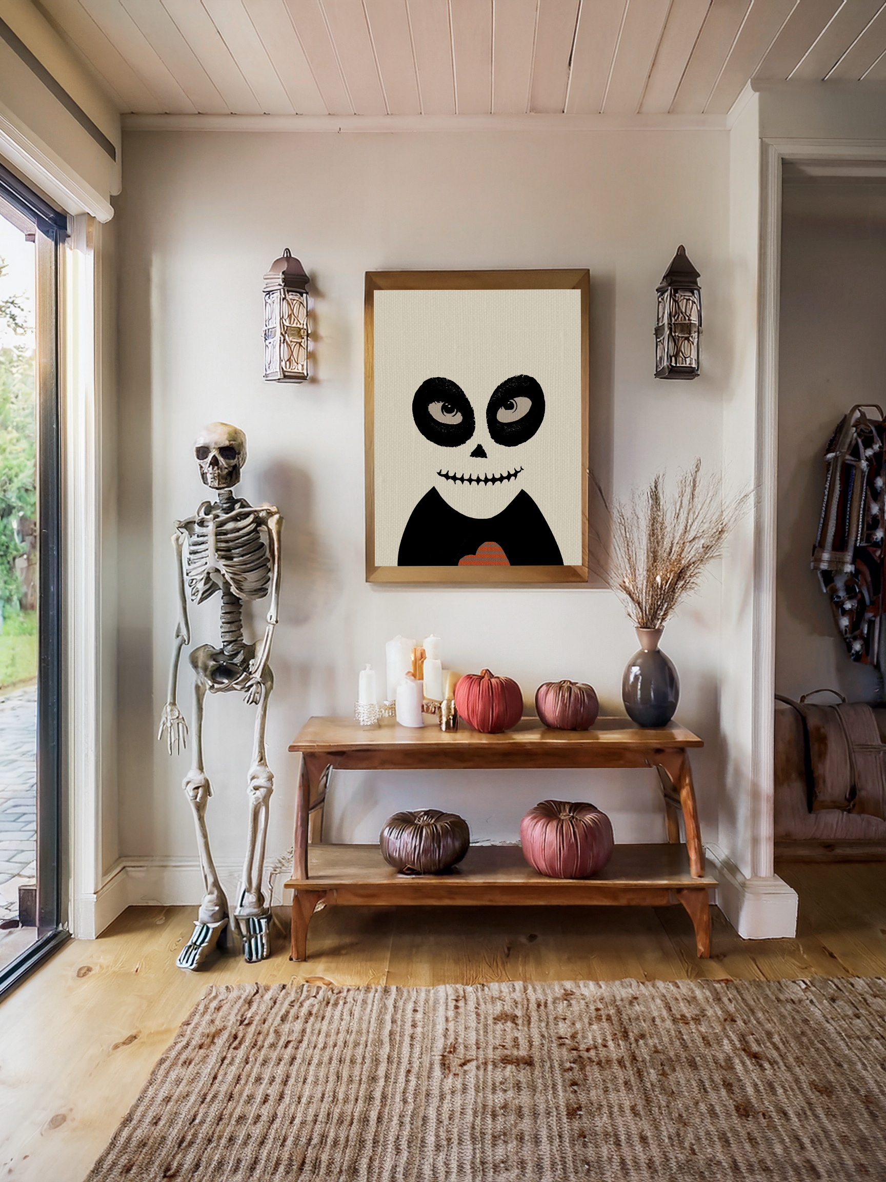 Midwest Mod Black and White Broken Hearted Skeleton Portrait Seasonal Silk Poster, Indoor and Outdoor Decor, Unique Home Decor, Seasonal Decor, Halloween, skeleton