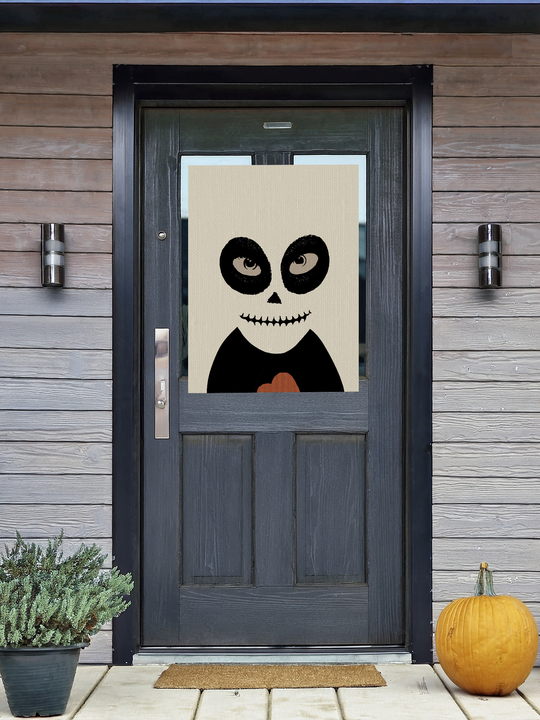 Midwest Mod Black and White Broken Hearted Skeleton Portrait Seasonal Silk Poster, Indoor and Outdoor Decor, Unique Home Decor, Seasonal Decor, Halloween, skeleton