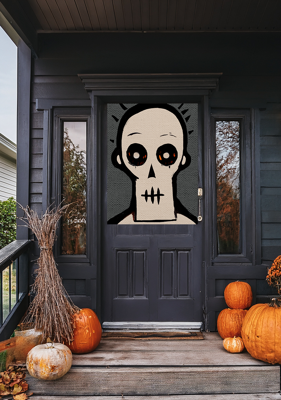 Midwest Mod In Your Face Skeleton Skull Seasonal Silk Poster, Indoor and Outdoor Decor, Unique Home Decor, Seasonal Decor, Halloween, skeleton, skull