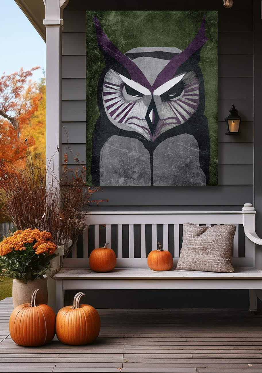 Midwest Mod Mad Staring Owl Seasonal Silk Poster, Indoor and Outdoor Decor, Unique Home Decor, Seasonal Decor, Halloween, Owl