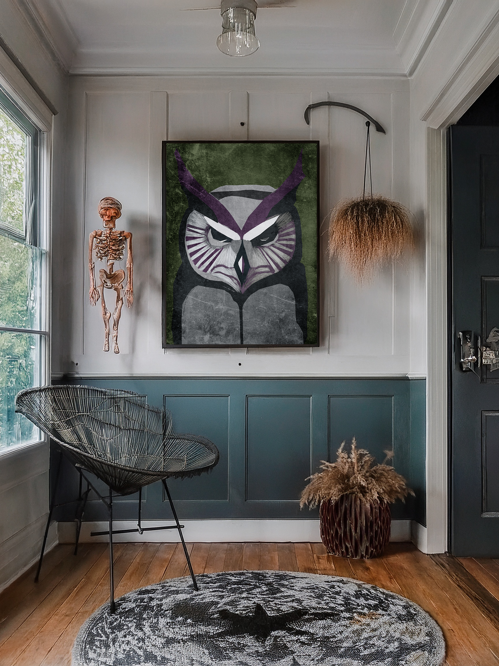 Midwest Mod Mad Staring Owl Seasonal Silk Poster, Indoor and Outdoor Decor, Unique Home Decor, Seasonal Decor, Halloween, Owl