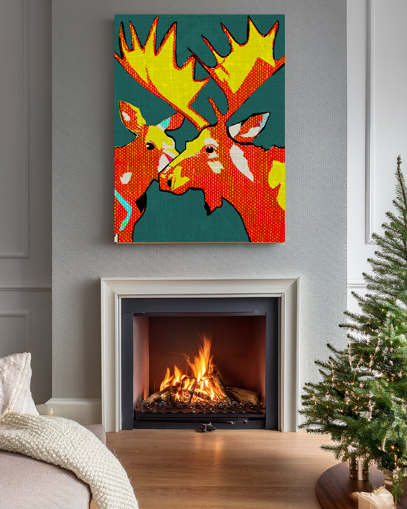 Midwest Mod Moose Pair Pop Art Winter Print- Matte Canvas, Stretched, 1.25", holiday decor, winter, moose