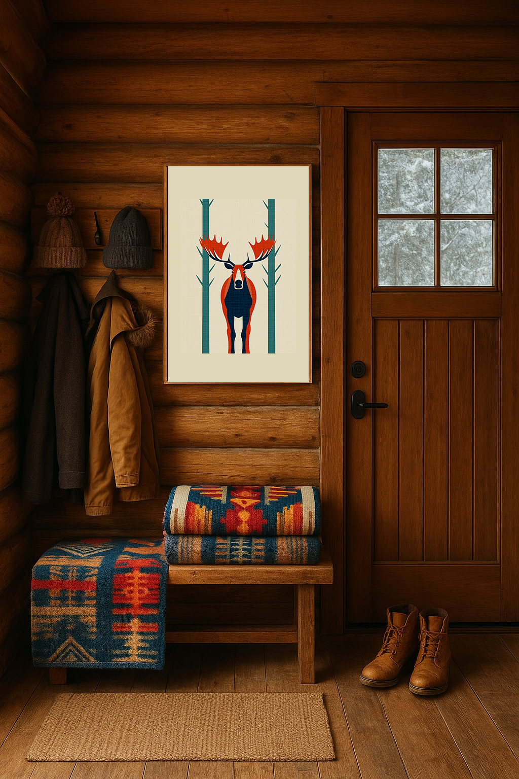 Midwest Mod Moose in Forest No. 1 Winter Print- Matte Canvas, Stretched, 1.25", holiday decor, winter, moose, forest