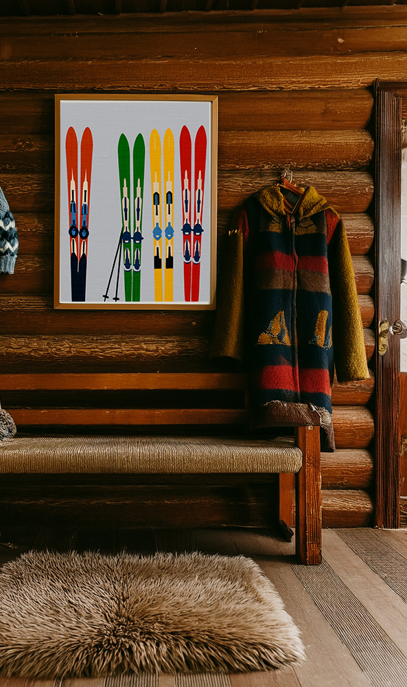Midwest Mod Seasonal Winter Art Print Skis on Display - Matte Canvas, Stretched, 1.25"