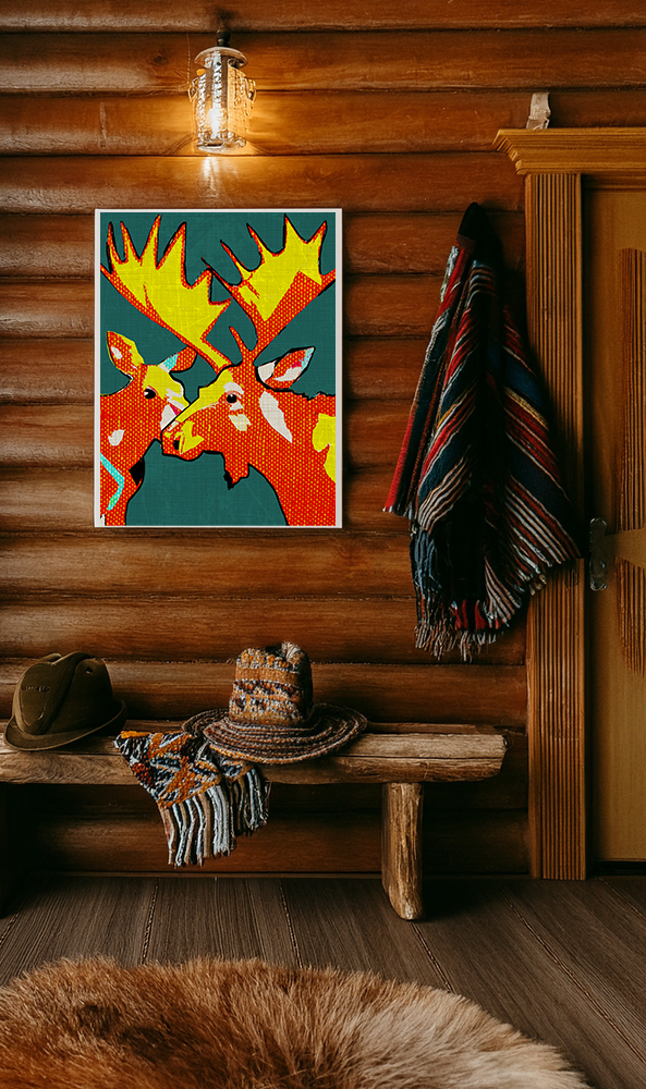 Midwest Mod Moose Pair Pop Art Winter Print- Matte Canvas, Stretched, 1.25", holiday decor, winter, moose