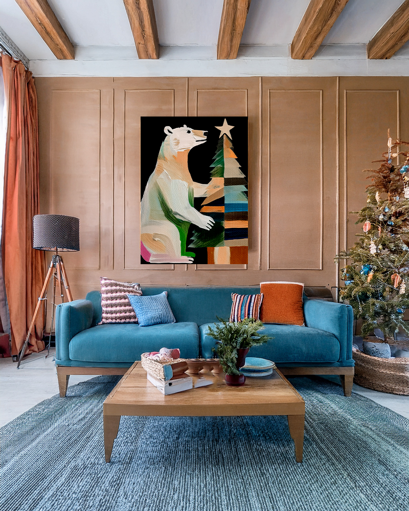 Midwest Mod Seasonal Christmas Art Print - Polar Bear Decorating Tree - Matte Canvas, Stretched, 1.25"