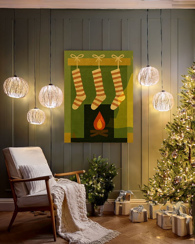 Midwest Mod Seasonal Christmas Art Print - Stockings on Mantel - Matte Canvas, Stretched, 1.25"
