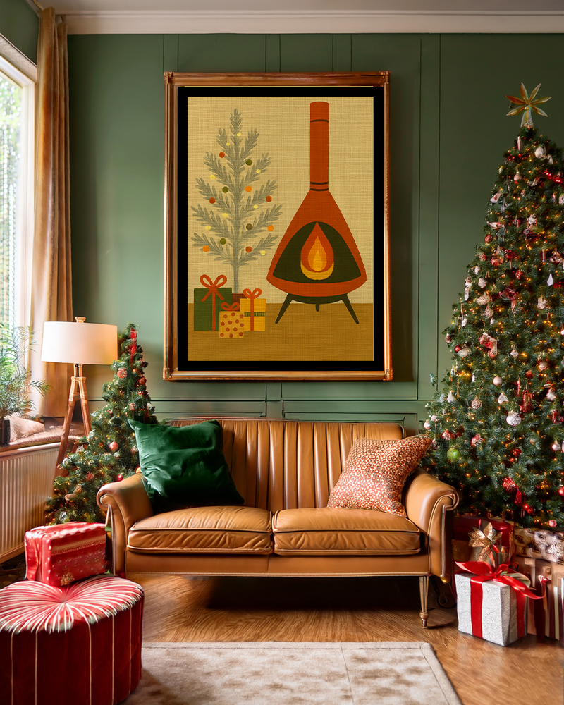 Midwest Mod Seasonal Christmas Art Print - Retro Fireplace and Tinsel Tree - Matte Canvas, Stretched, 1.25"