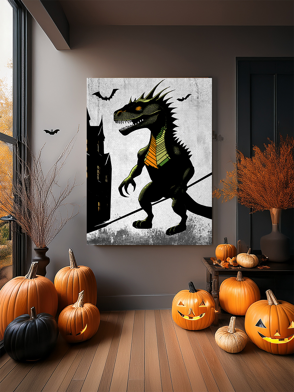 Midwest Mod Godzilla Monster Seasonal Silk Poster, Indoor and Outdoor Decor, Unique Home Decor, Seasonal Decor, Halloween, godzilla creature