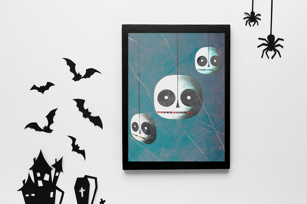 Midwest Mod Skeleton Skull Heads Seasonal Silk Poster, Indoor and Outdoor Decor, Unique Home Decor, Seasonal Decor, Halloween, skeleton heads