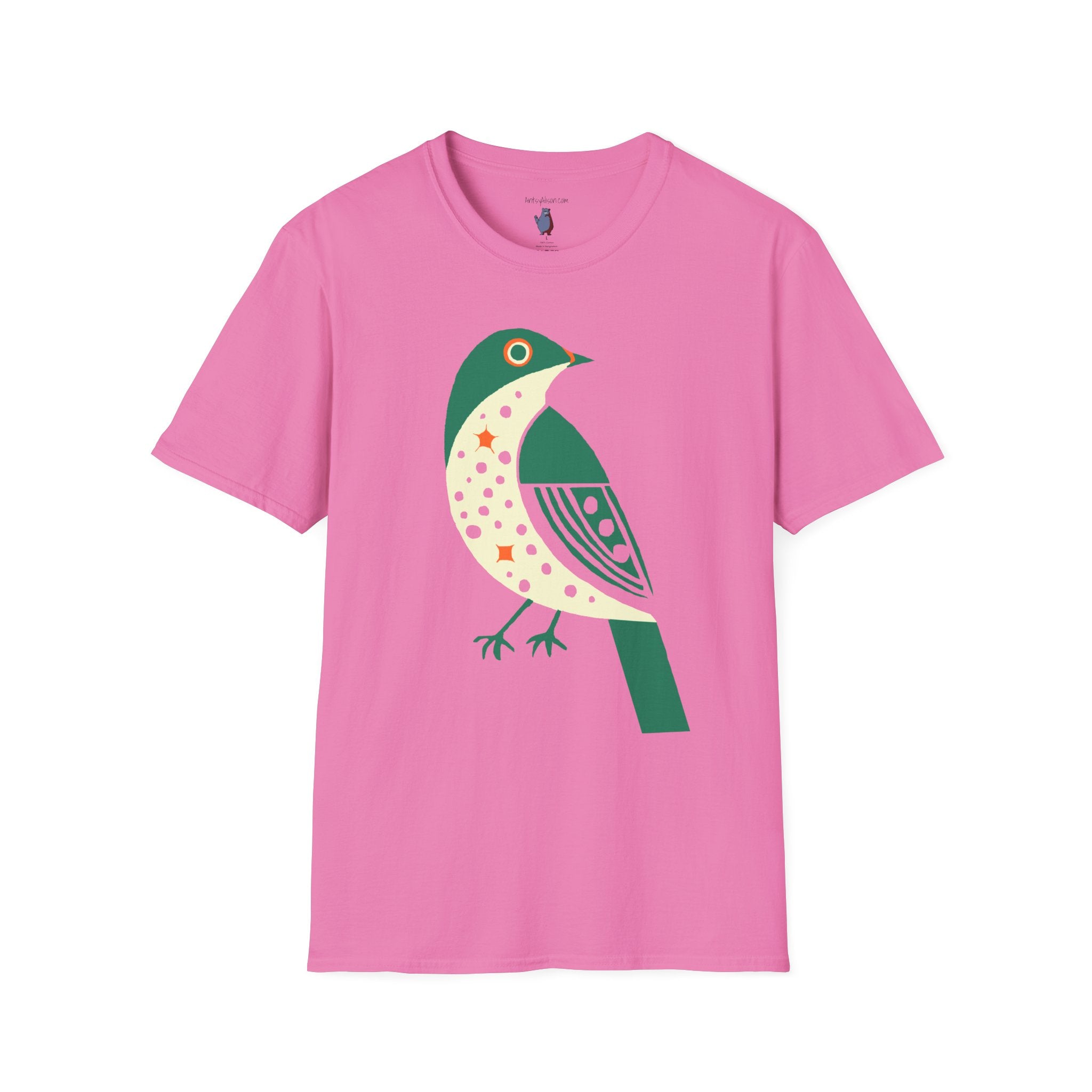 Green and Orange Moon Bird Graphic Art Tee - 100% Cotton T-Shirt