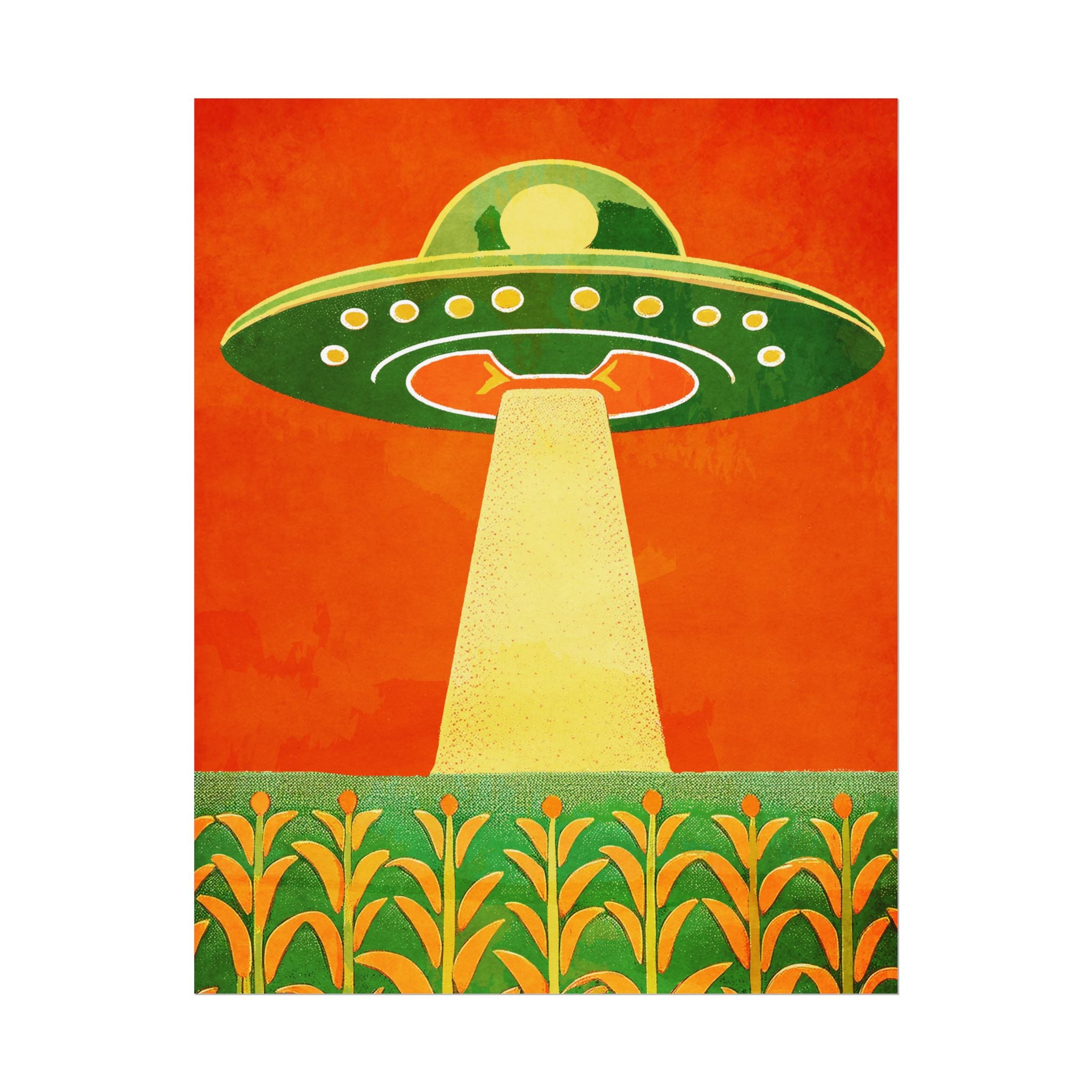 Midwest Modern UFO and Corn Art Print Rolled Poster | Wall Art, Midwest Mod, Prairie, UFO, UAP, Aliens, Cornfield, Martians