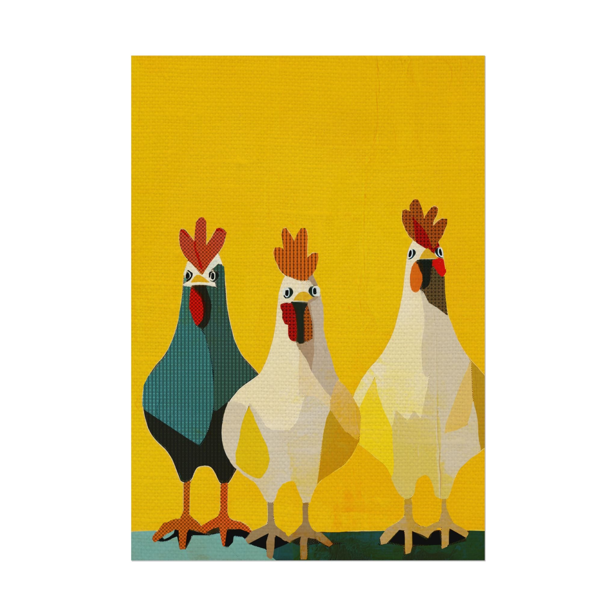 Midwest Modern Pop Art Chicken Trio Two Print Rolled Poster | Farmhouse Wall Art, Rustic Decor, Animal Print, Kitchen Decor, Gift For Chicken Lovers