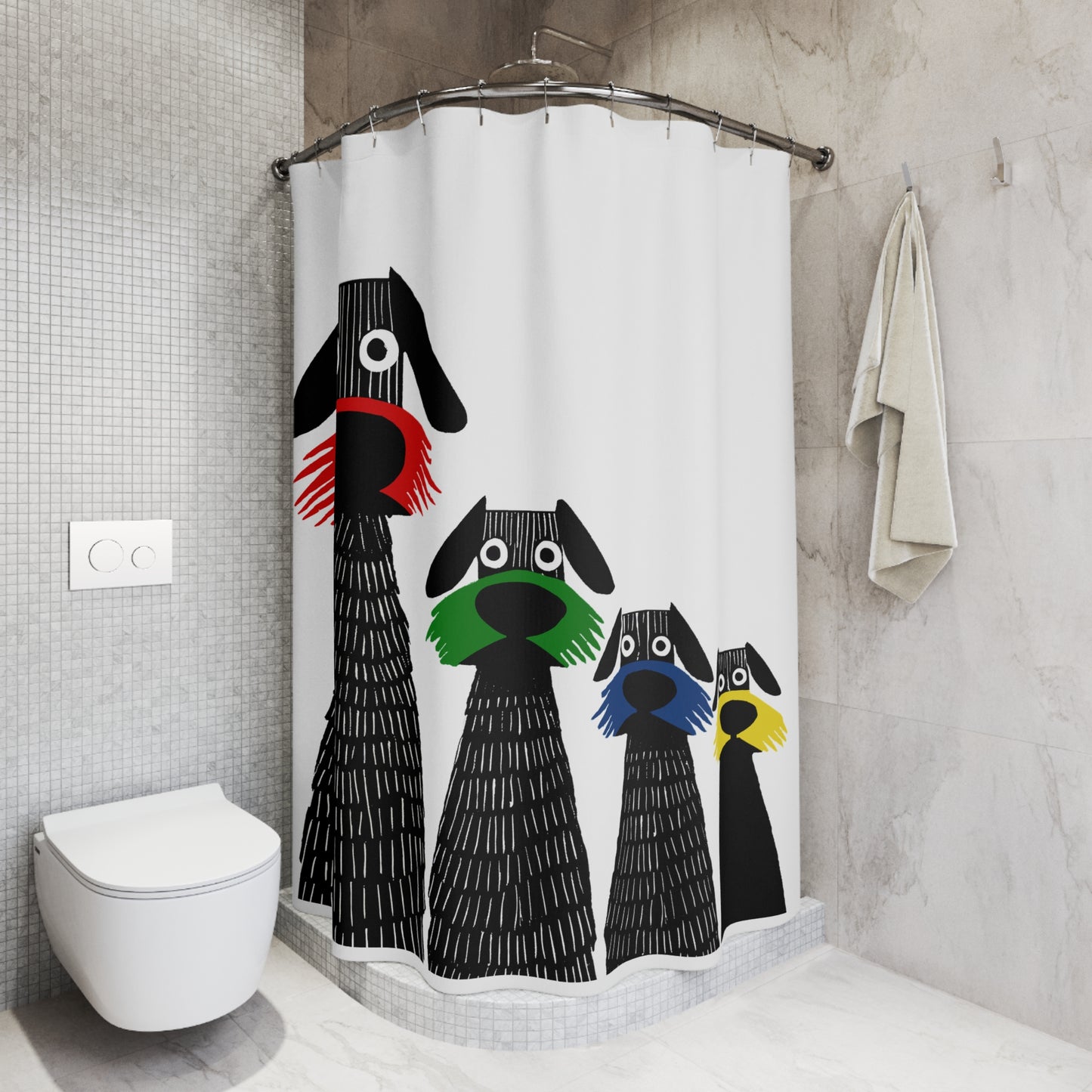 Retro Inspired Wide Eyed Dogs Shower Curtain Primary Colors
