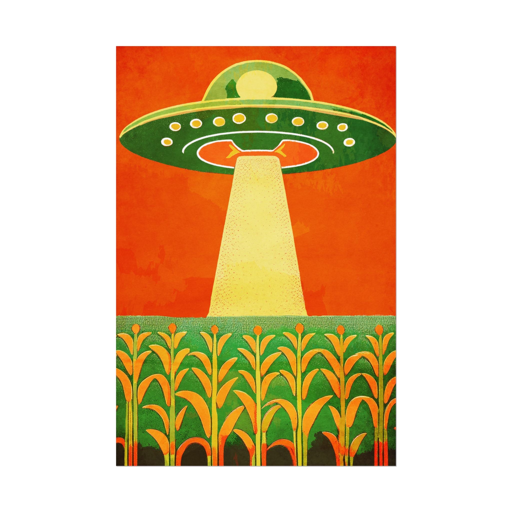 Midwest Modern UFO and Corn Art Print Rolled Poster | Wall Art, Midwest Mod, Prairie, UFO, UAP, Aliens, Cornfield, Martians