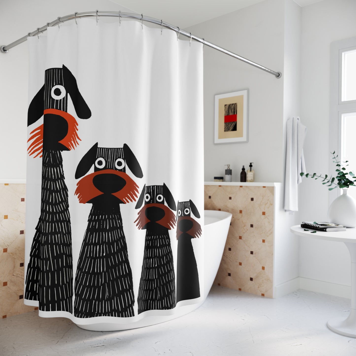 Retro Inspired Wide Eyed Dogs Shower Curtain Orange Gradient