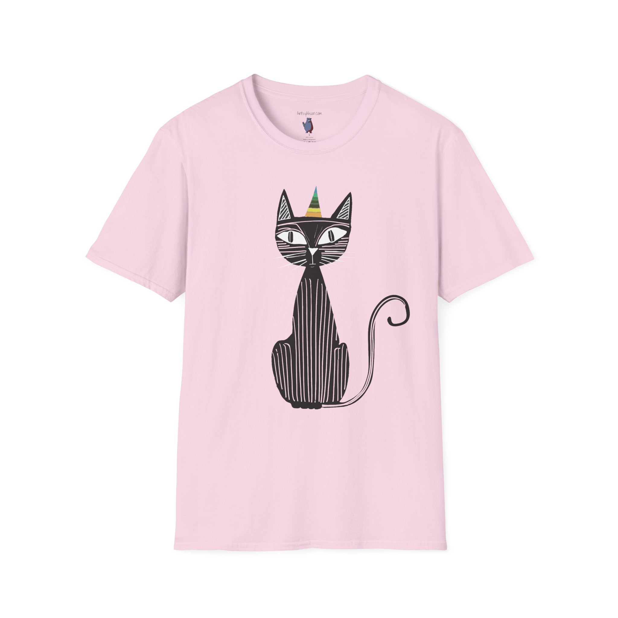 Black Transparent Striped Birthday Cat Graphic Art Tee - 100% Cotton T-Shirt