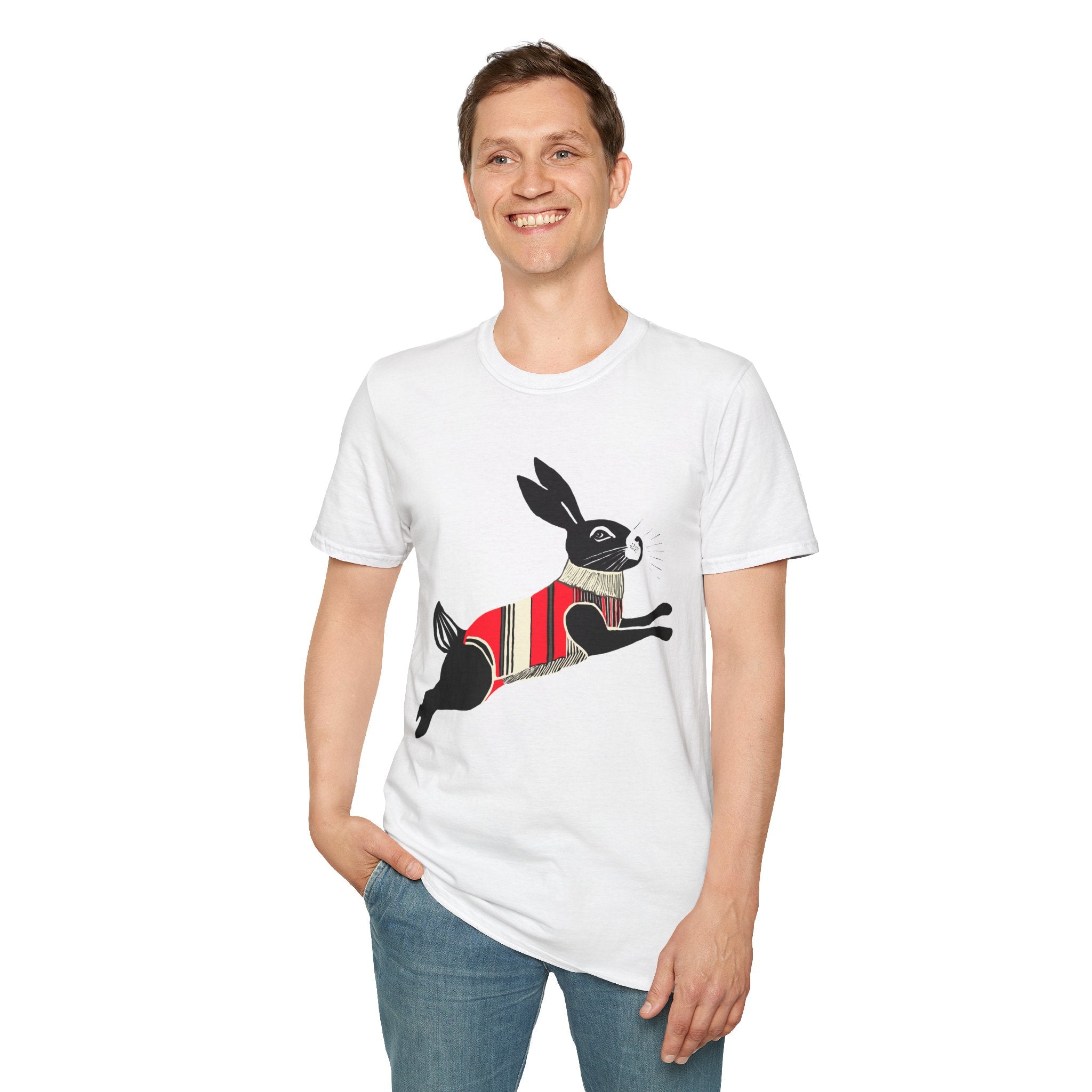 Leaping Bunny in Sweater Graphic Art - 100% Cotton T-Shirt