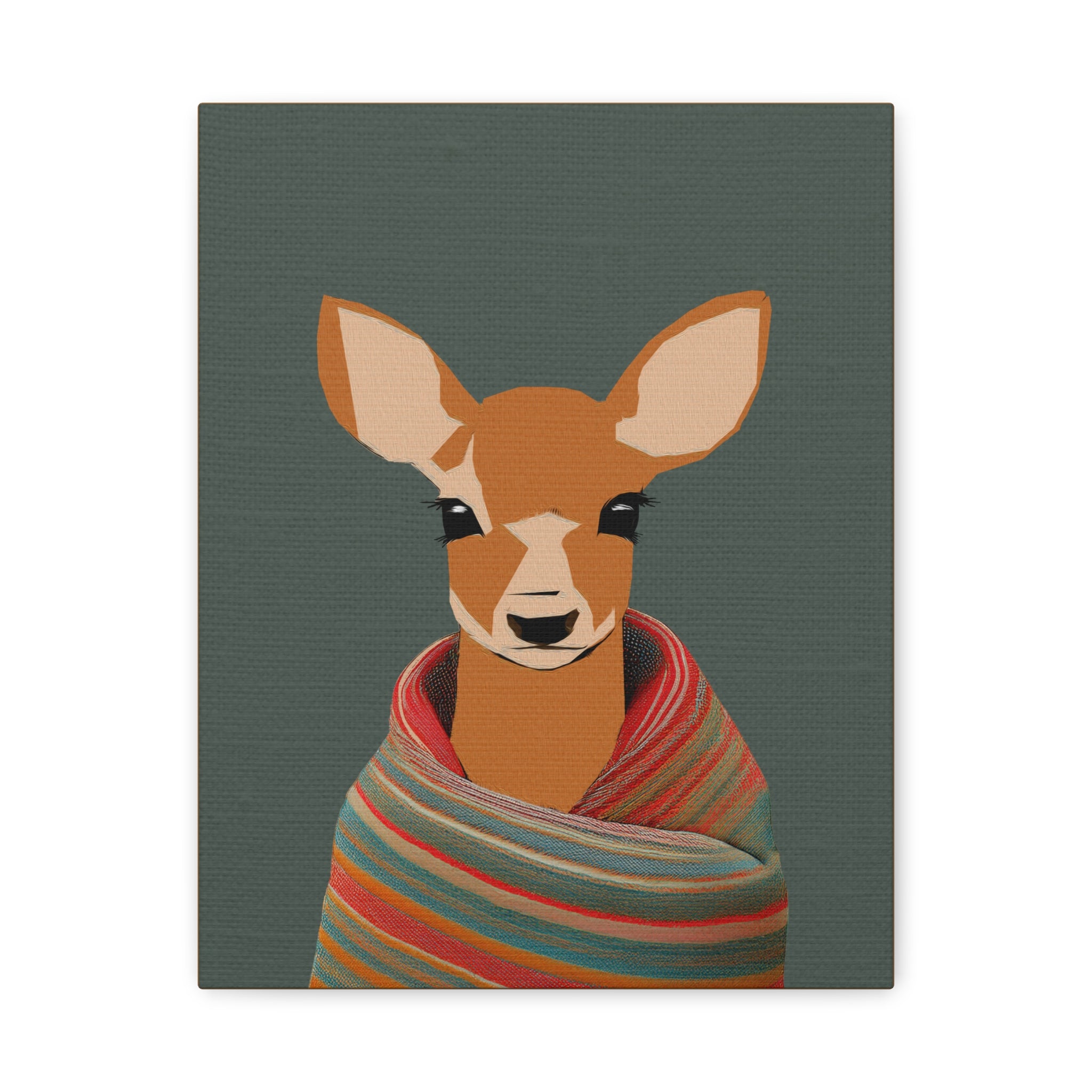 Midwest Mod Baby Deer Doe with Blanket Winter Print- Matte Canvas, Stretched, 1.25", holiday decor, winter, cozy, deer, doe, blankets