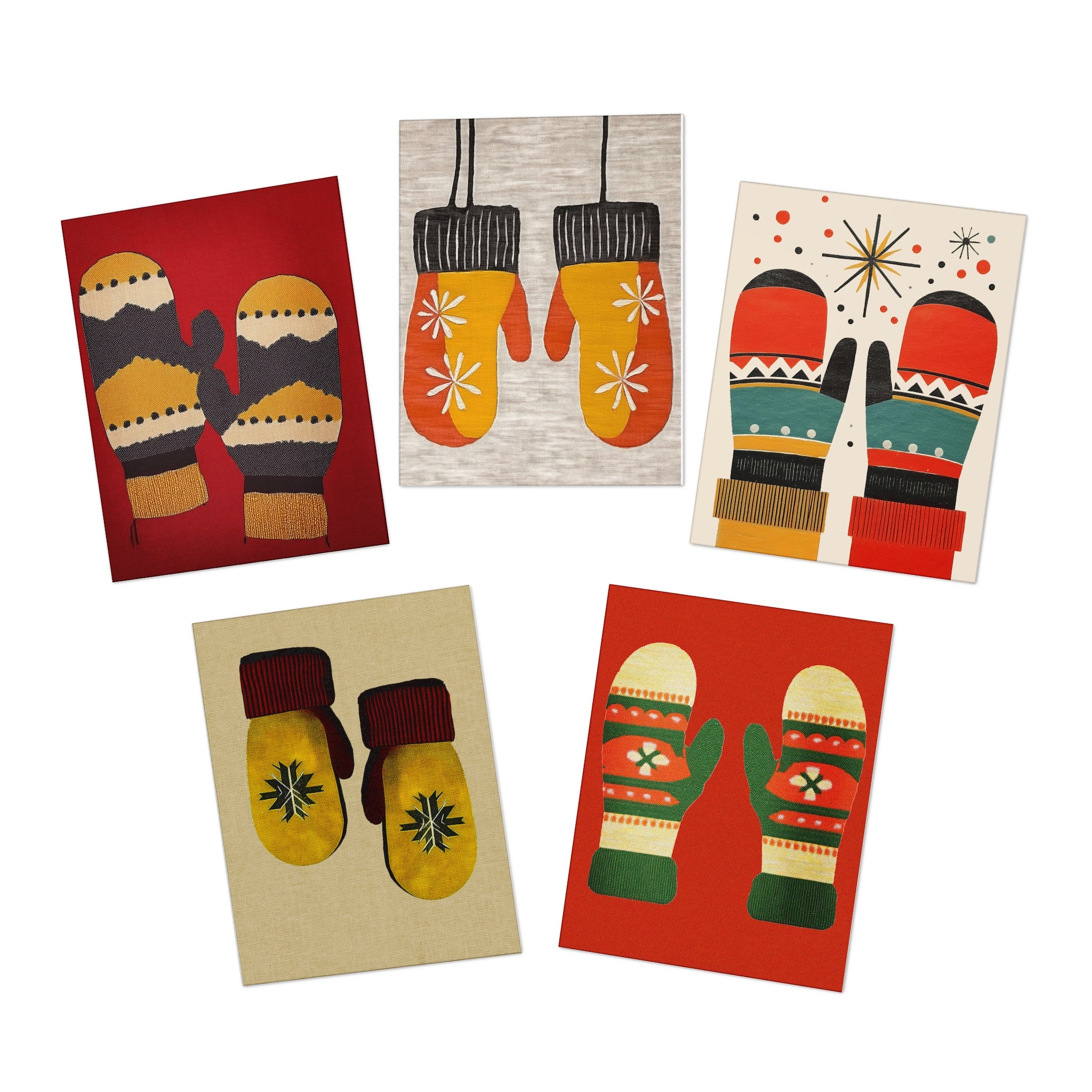 Festive Multi-Design Retro Winter Mittens Greeting Card (5-Pack) - Christmas & Holiday Collection
