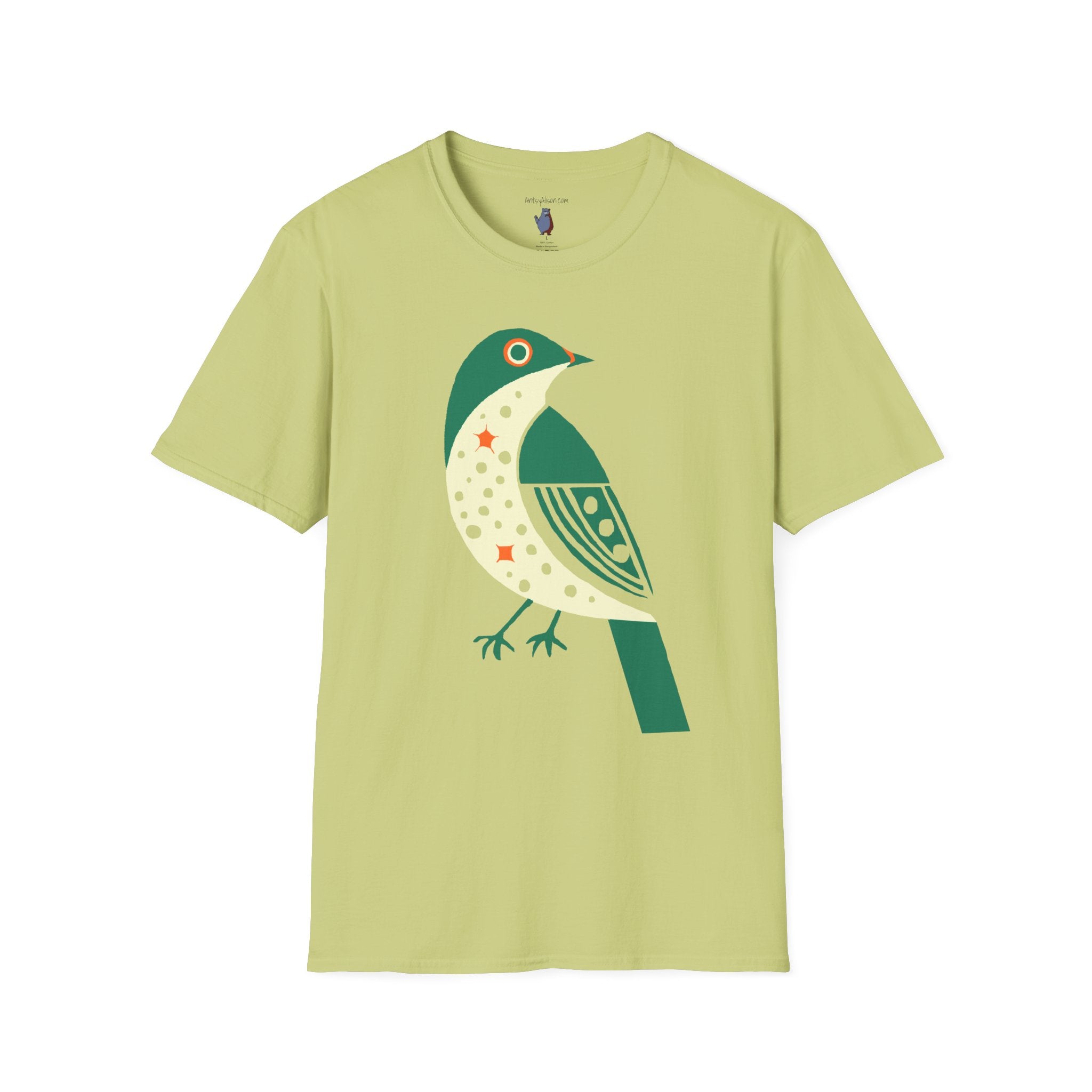Green and Orange Moon Bird Graphic Art Tee - 100% Cotton T-Shirt