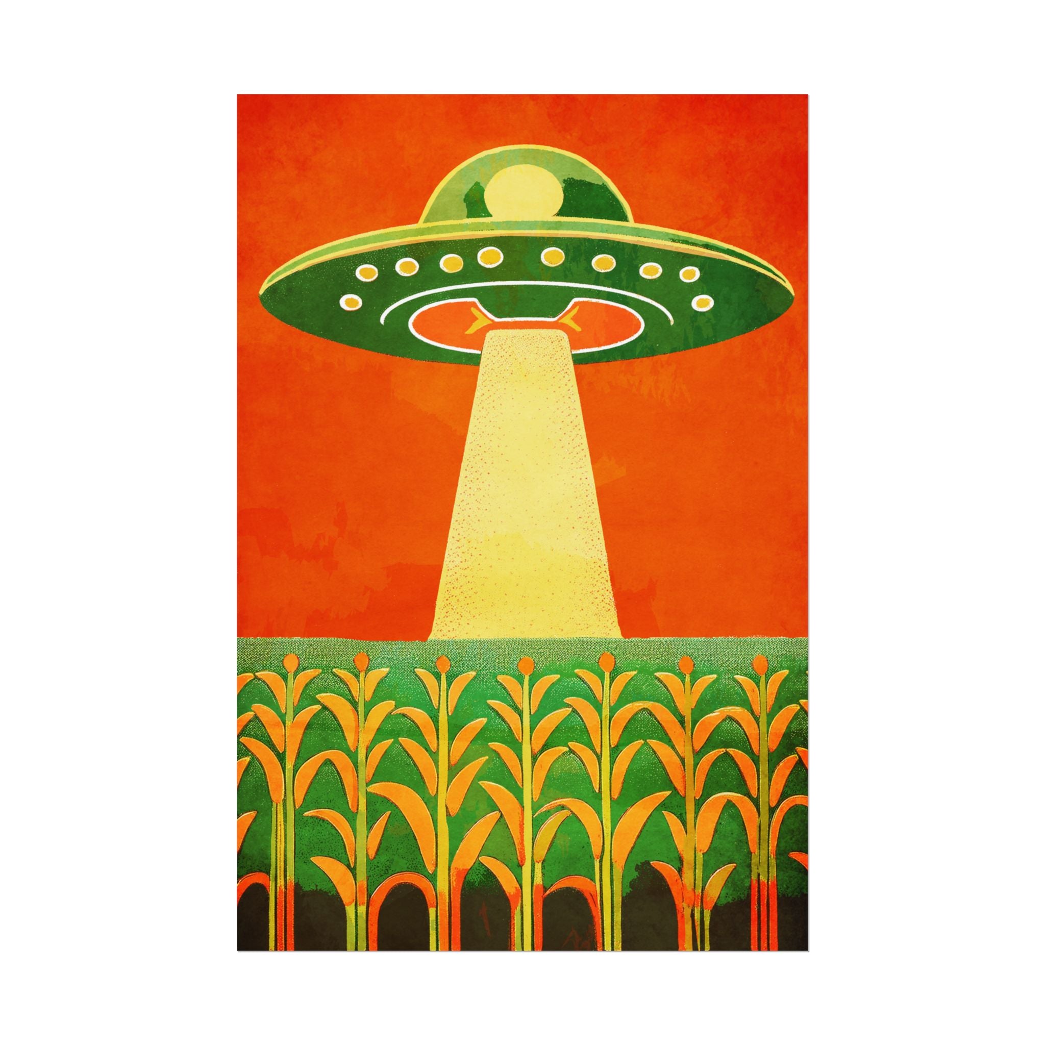 Midwest Modern UFO and Corn Art Print Rolled Poster | Wall Art, Midwest Mod, Prairie, UFO, UAP, Aliens, Cornfield, Martians