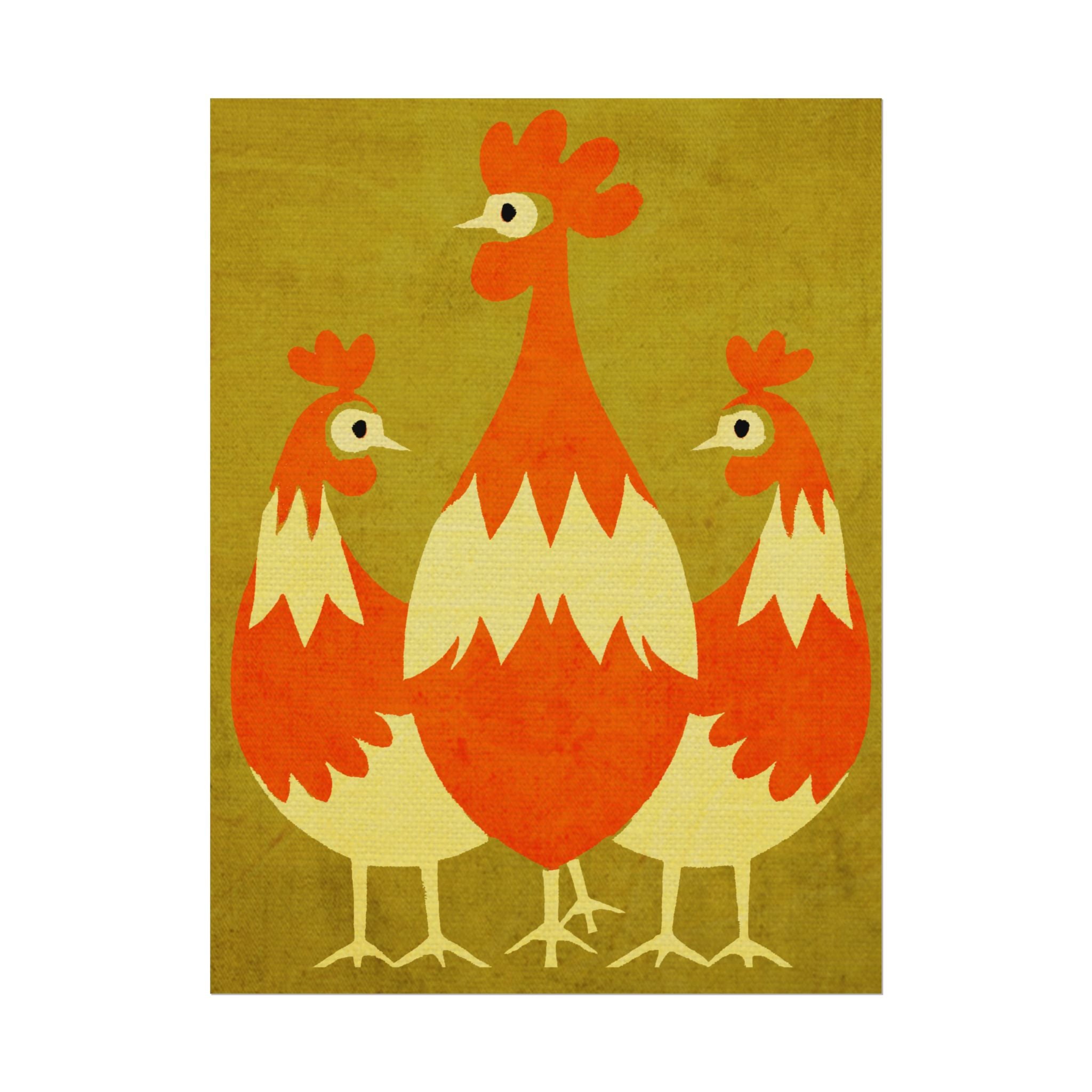 Midwest Modern Pop Art Chicken Trio Print Rolled Poster | Farmhouse Wall Art, Rustic Decor, Animal Print, Kitchen Decor, Gift For Chicken Lovers