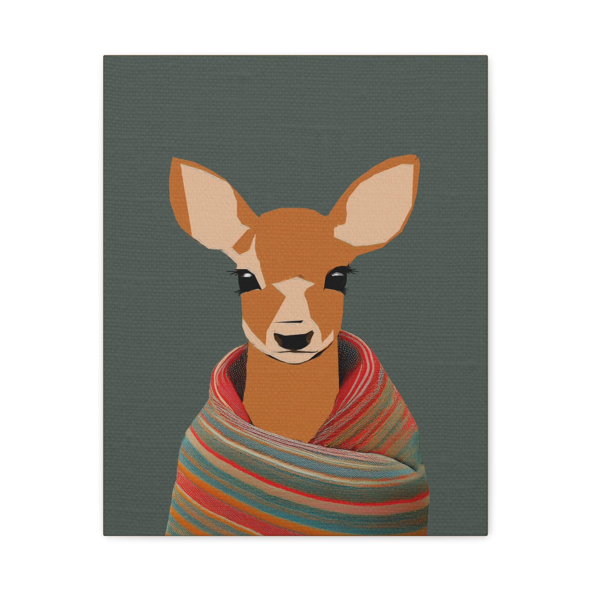 Midwest Mod Baby Deer Doe with Blanket Winter Print- Matte Canvas, Stretched, 1.25", holiday decor, winter, cozy, deer, doe, blankets