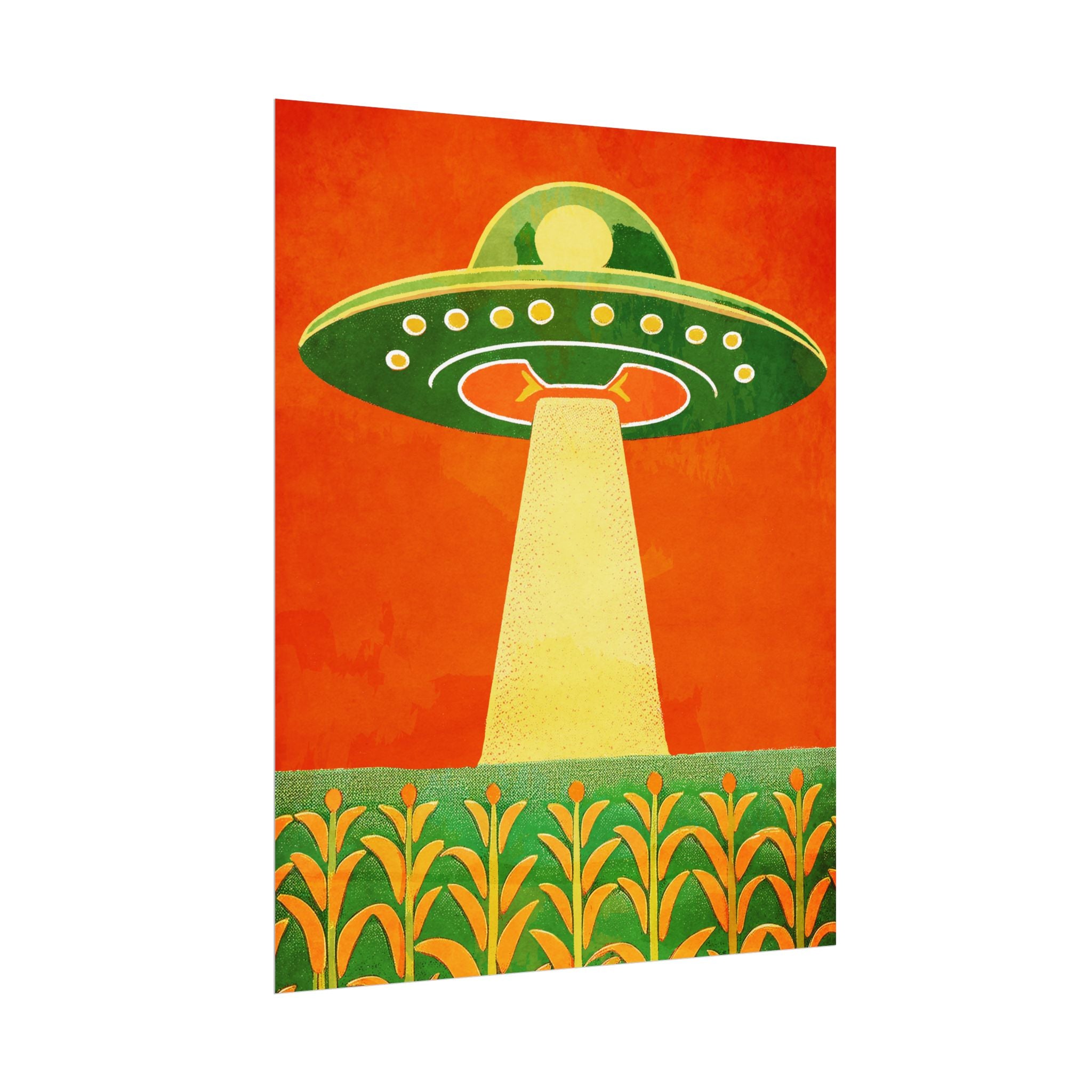 Midwest Modern UFO and Corn Art Print Rolled Poster | Wall Art, Midwest Mod, Prairie, UFO, UAP, Aliens, Cornfield, Martians