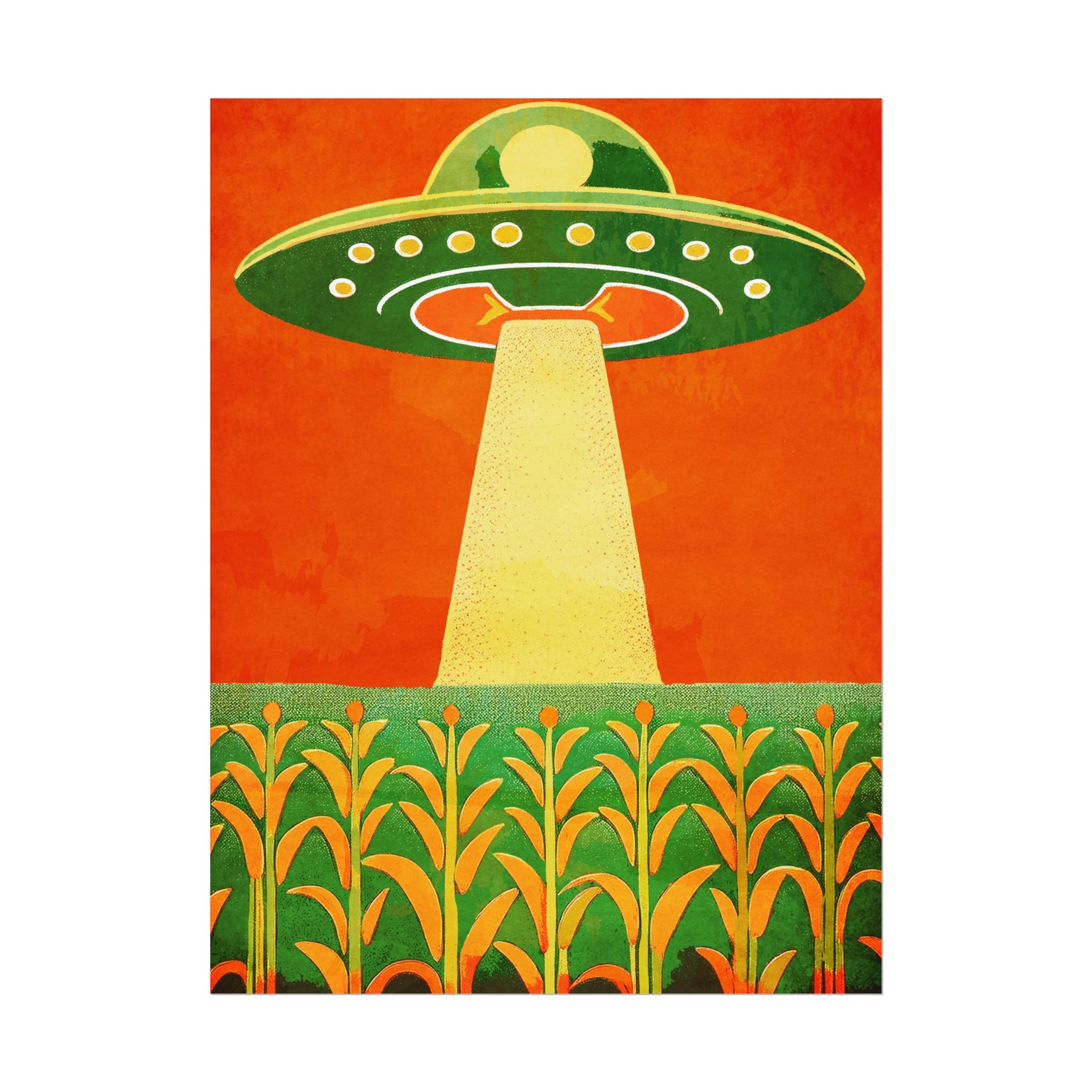 Midwest Modern UFO and Corn Art Print Rolled Poster | Wall Art, Midwest Mod, Prairie, UFO, UAP, Aliens, Cornfield, Martians