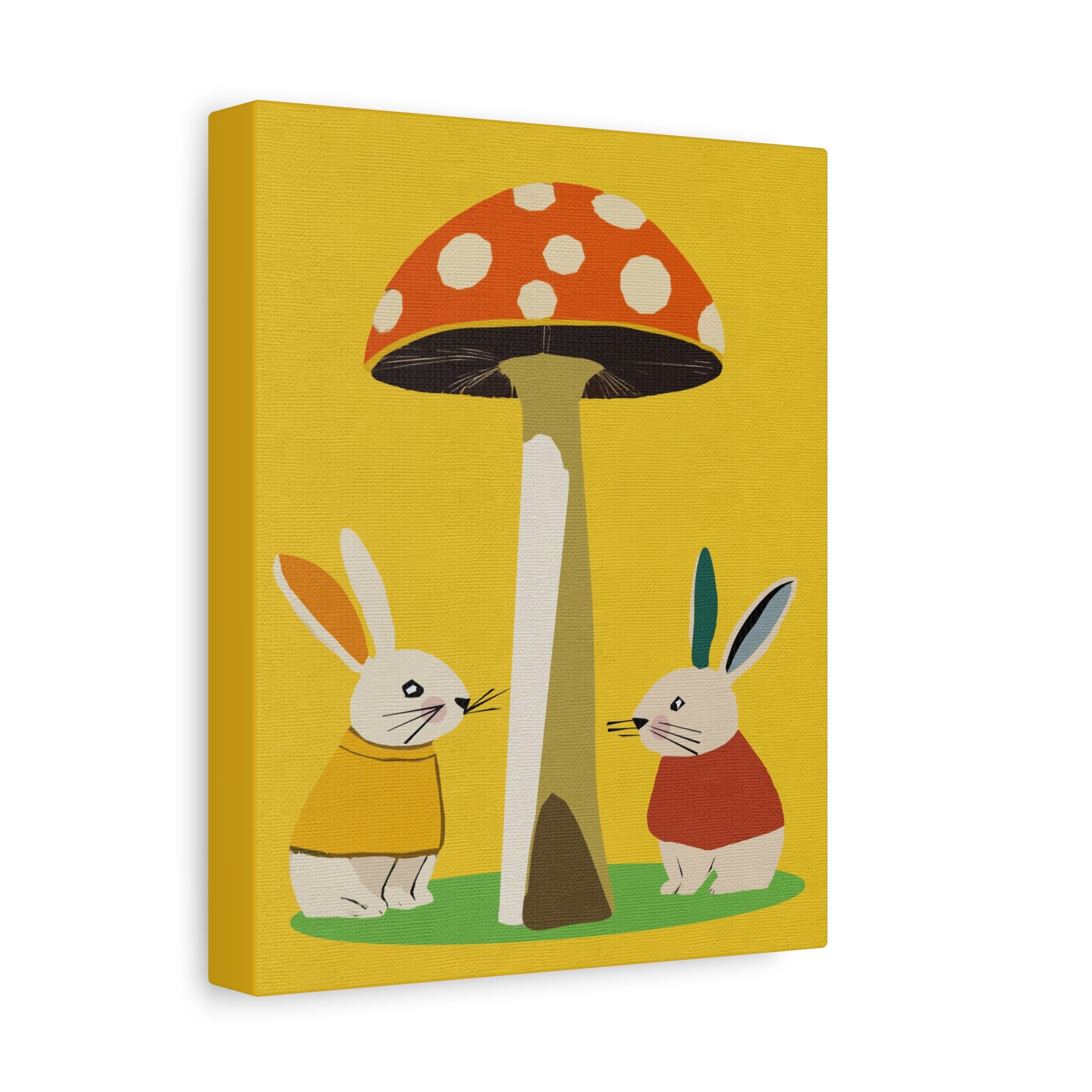 Gender Neutral Bunny Rabbits and Mushroom Art Print - Matte Canvas, Stretched, 1.25"