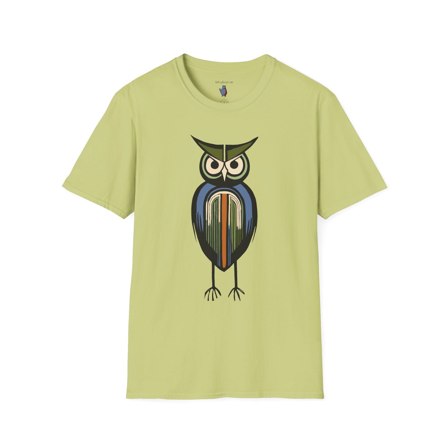 Midwest Modern Serious Striped Owl Graphic Art Tee - 100% Cotton T-Shirt