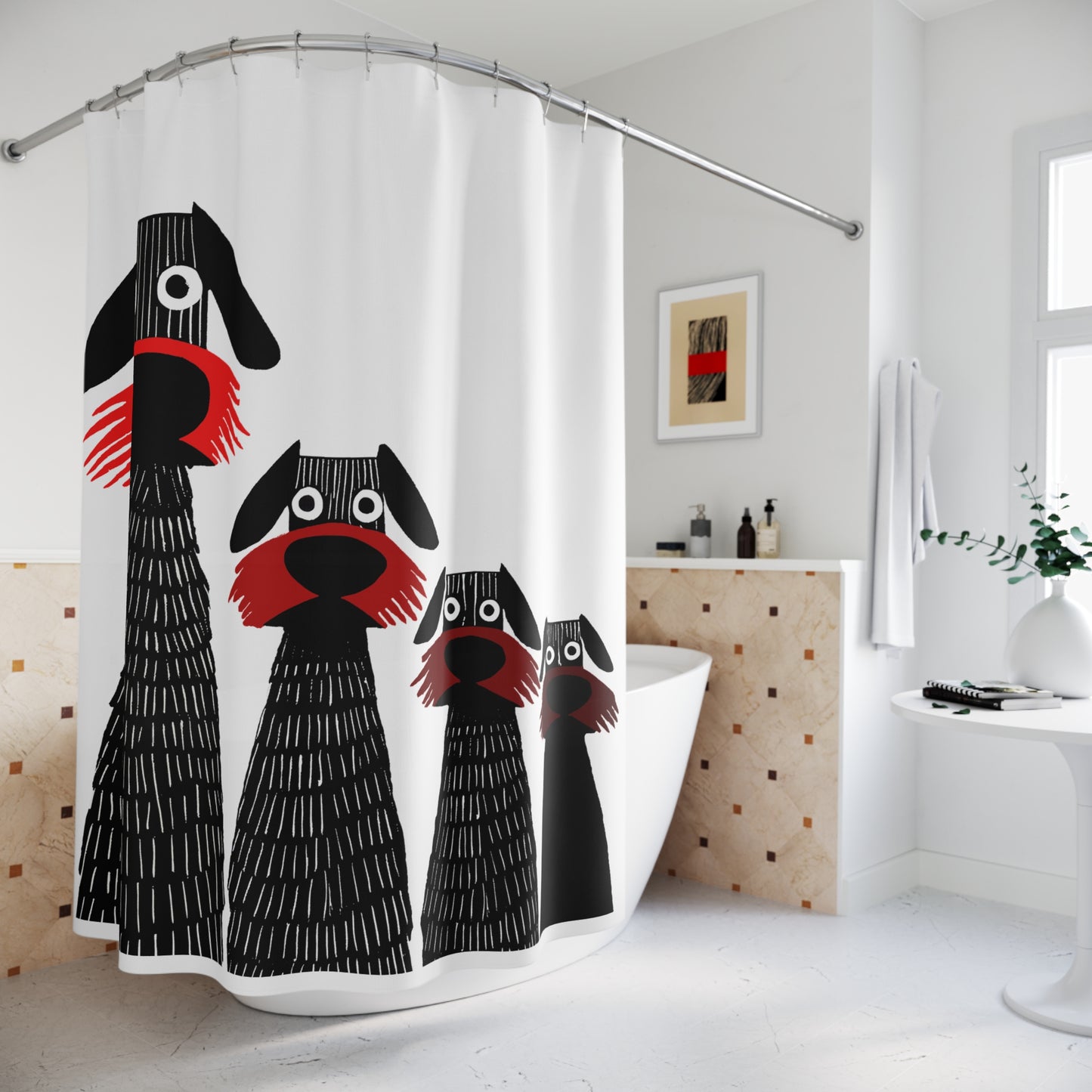 Retro Inspired Wide Eyed Dogs Shower Curtain Red Gradient