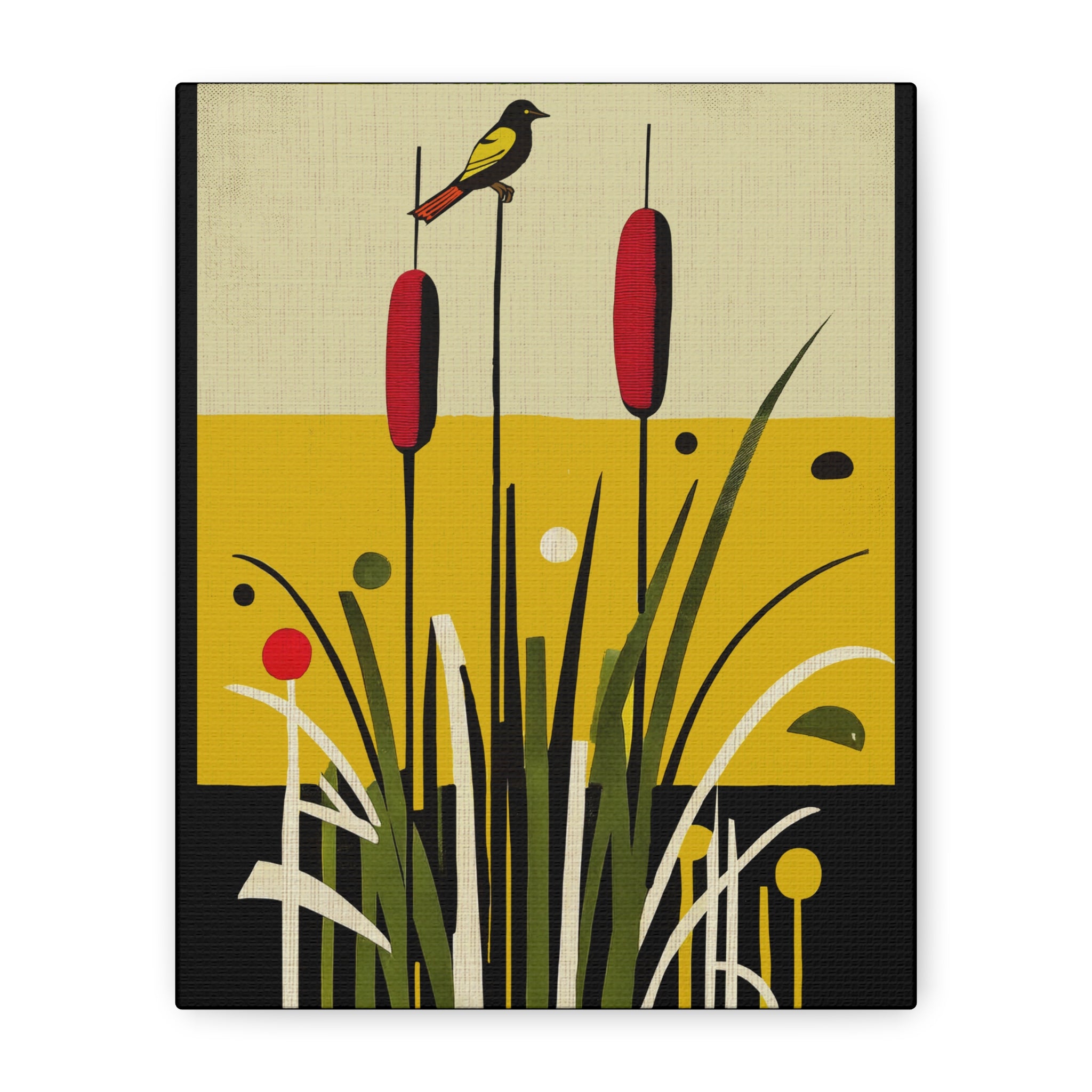 Midwest Mod Cattails with Bird Art Print - Matte Canvas, Stretched, 1.25"