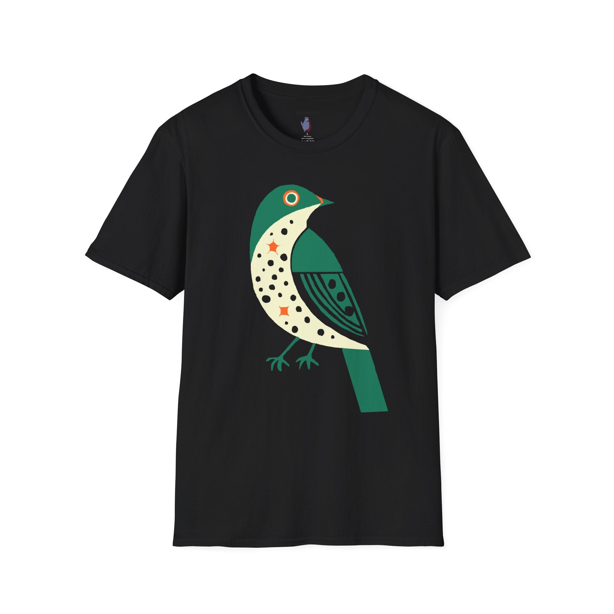 Green and Orange Moon Bird Graphic Art Tee - 100% Cotton T-Shirt