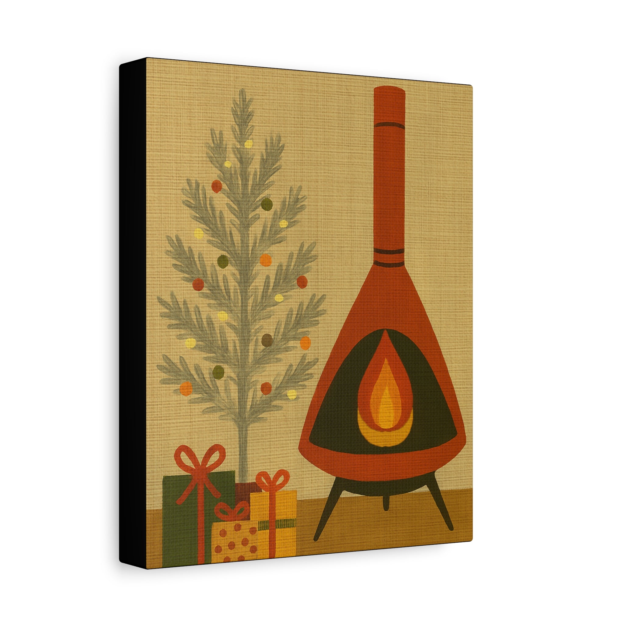 Midwest Mod Seasonal Christmas Art Print - Retro Fireplace and Tinsel Tree - Matte Canvas, Stretched, 1.25"