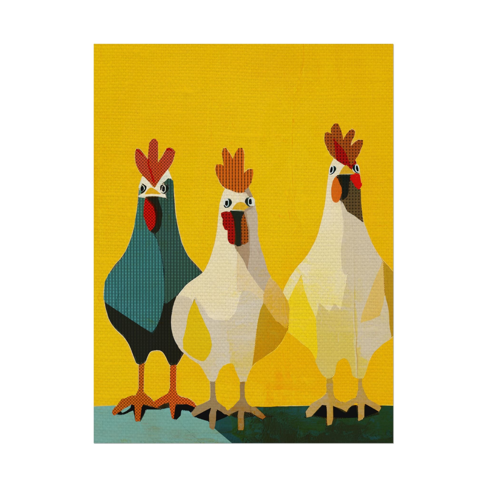 Midwest Modern Pop Art Chicken Trio Two Print Rolled Poster | Farmhouse Wall Art, Rustic Decor, Animal Print, Kitchen Decor, Gift For Chicken Lovers