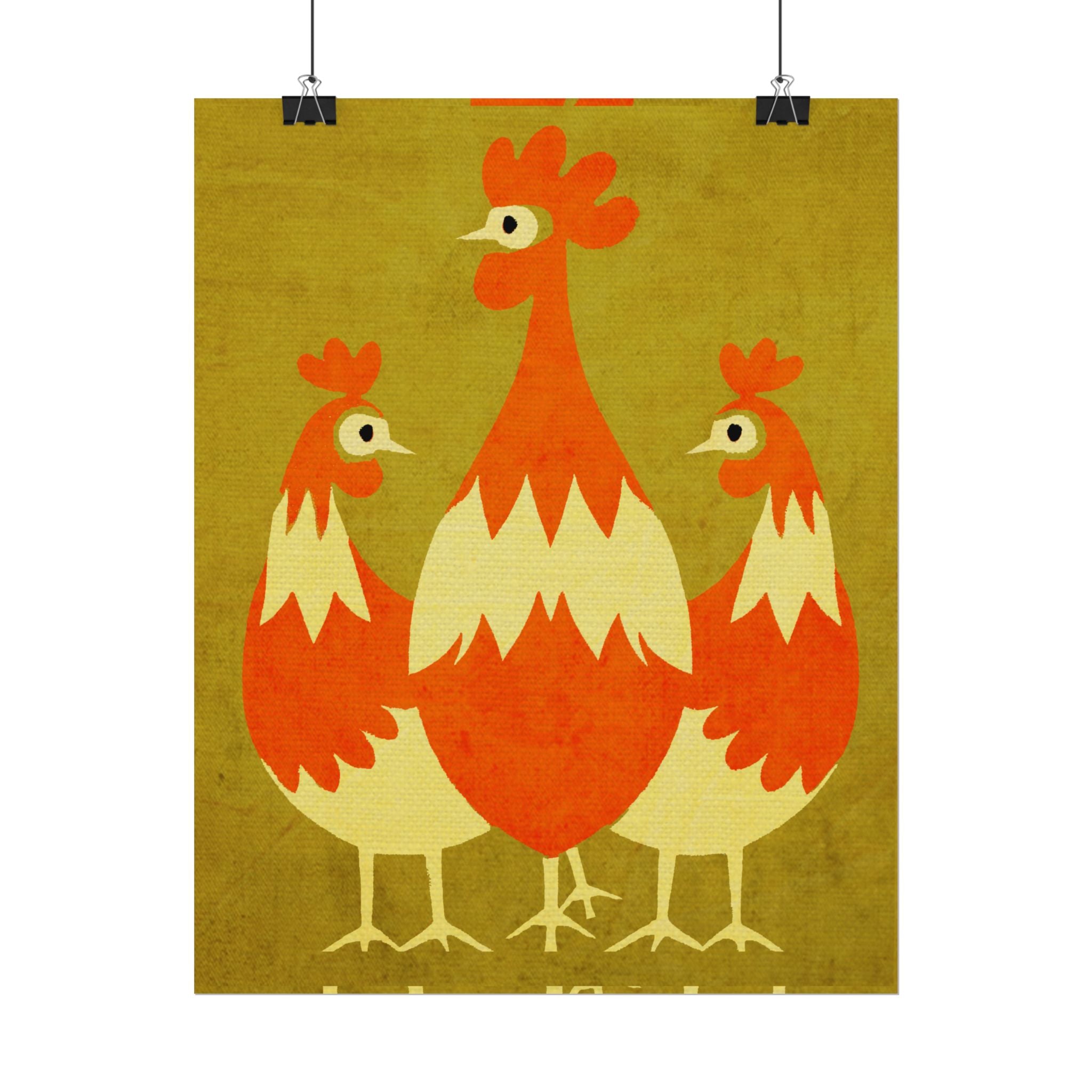 Midwest Modern Pop Art Chicken Trio Print Rolled Poster | Farmhouse Wall Art, Rustic Decor, Animal Print, Kitchen Decor, Gift For Chicken Lovers