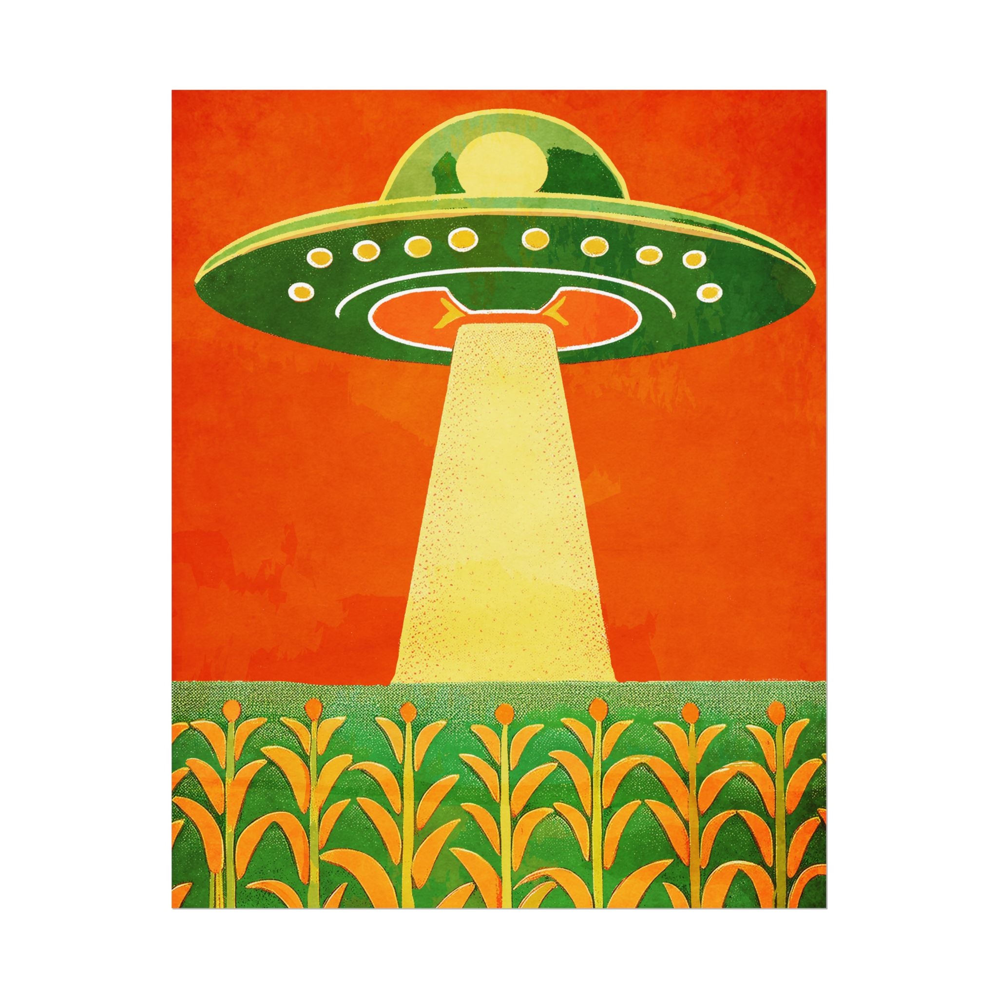 Midwest Modern UFO and Corn Art Print Rolled Poster | Wall Art, Midwest Mod, Prairie, UFO, UAP, Aliens, Cornfield, Martians