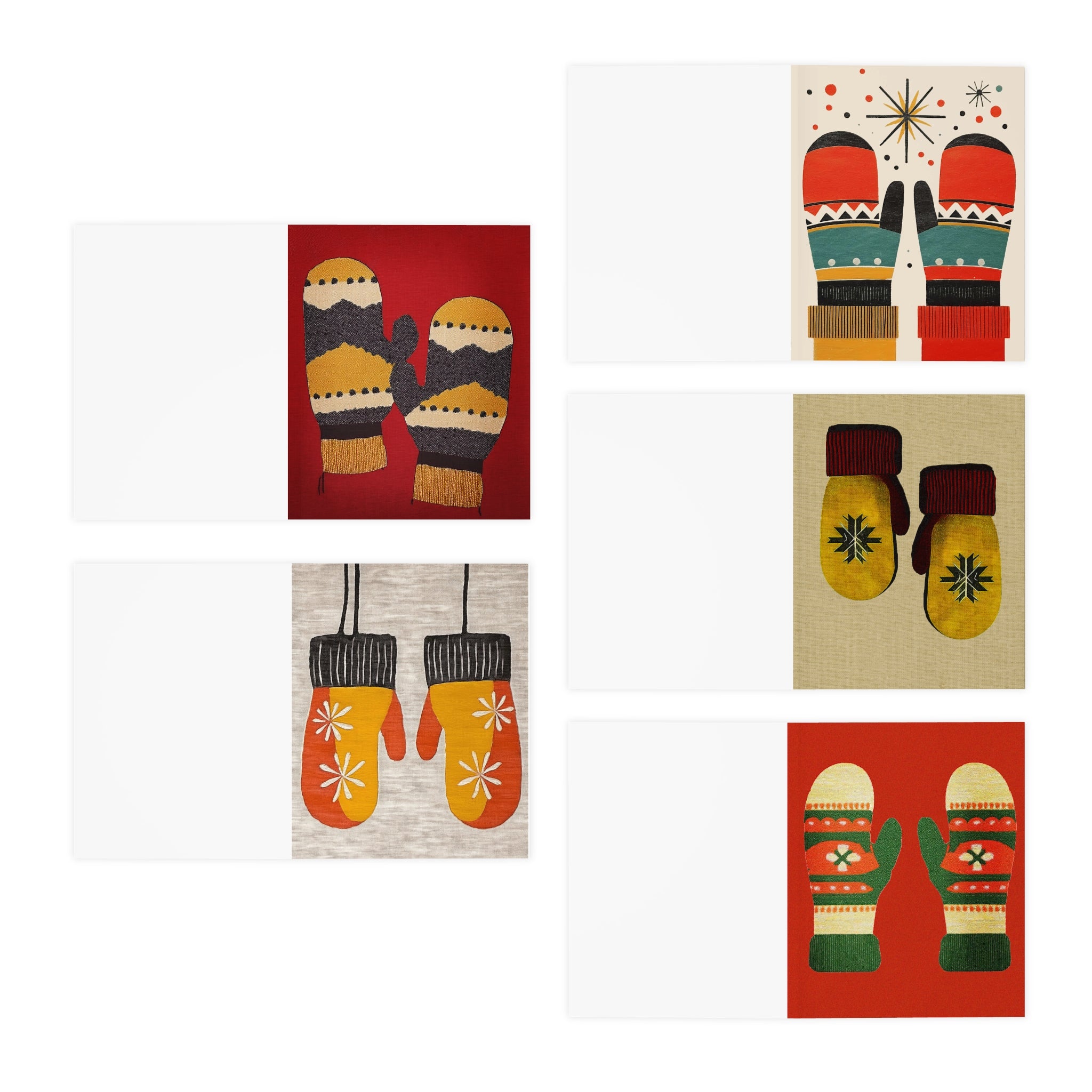 Festive Multi-Design Retro Winter Mittens Greeting Card (5-Pack) - Christmas & Holiday Collection
