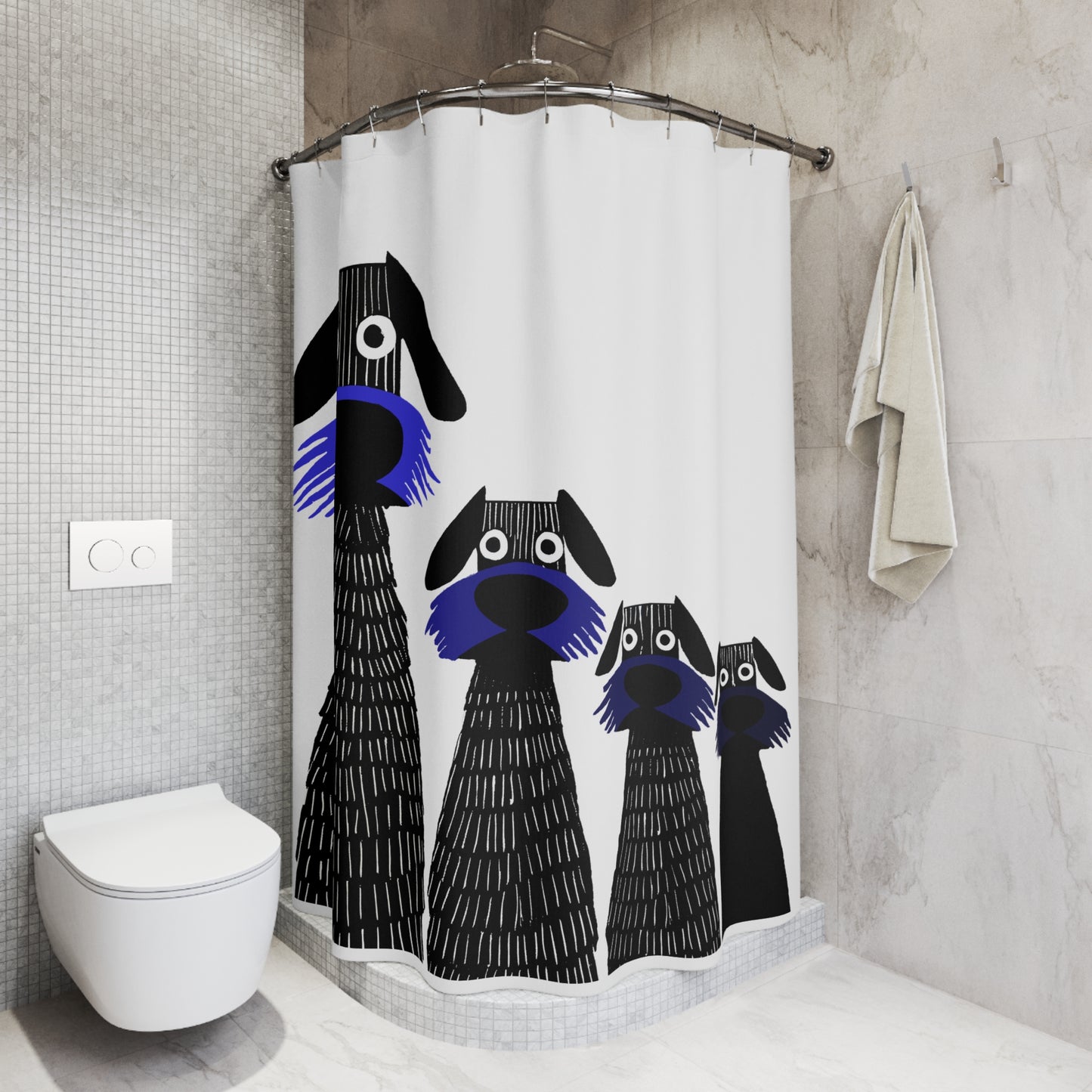 Retro Inspired Wide Eyed Dogs Shower Curtain Primary Blue Gradient
