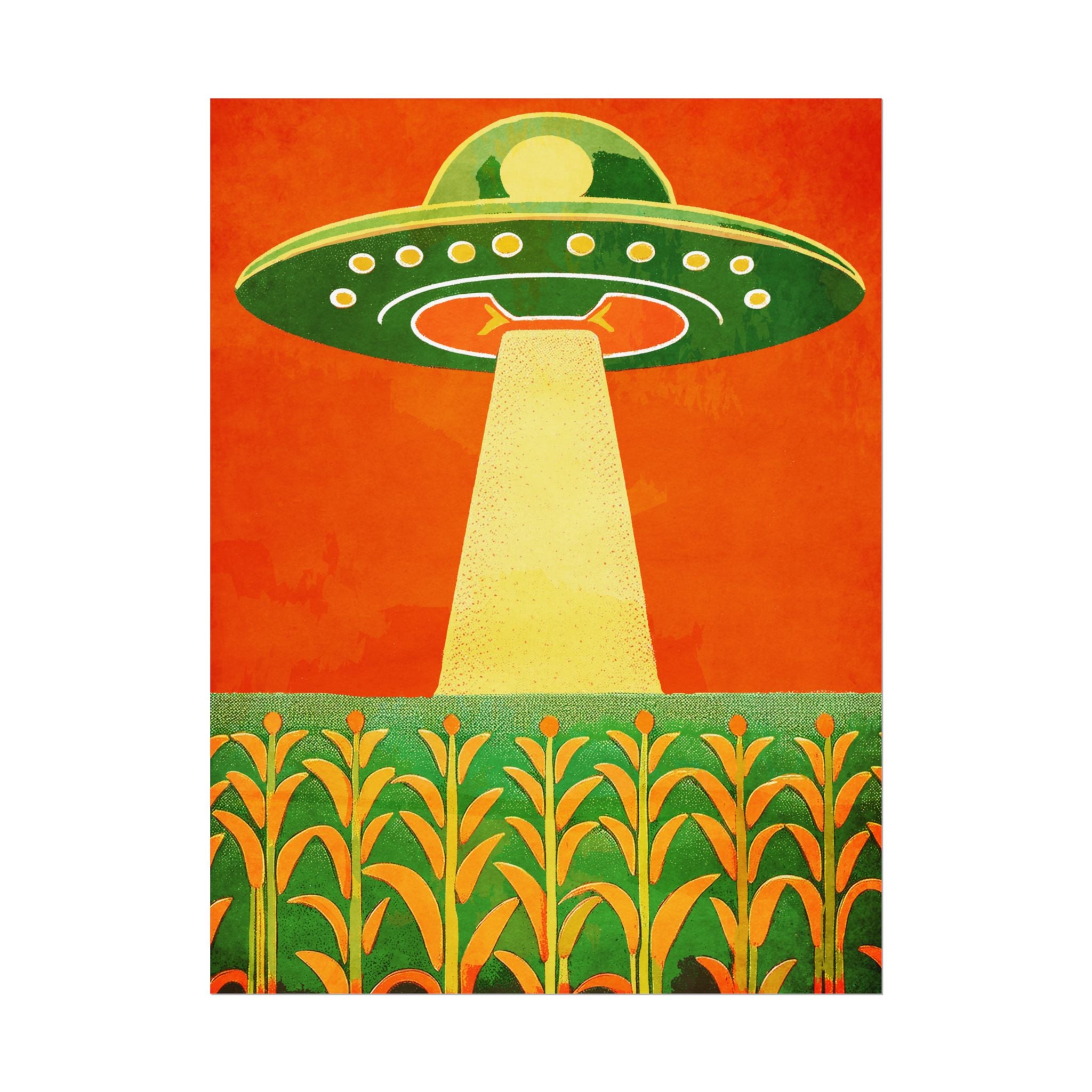 Midwest Modern UFO and Corn Art Print Rolled Poster | Wall Art, Midwest Mod, Prairie, UFO, UAP, Aliens, Cornfield, Martians