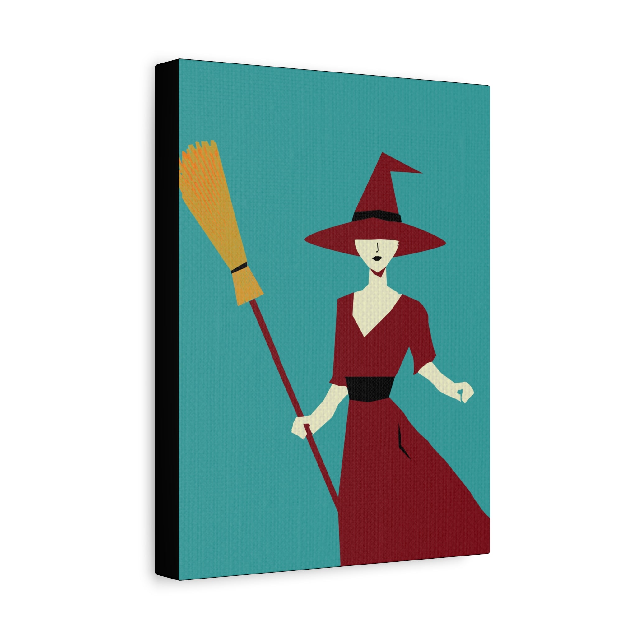 Halloween Seasonal Midwest Mod Witch with Broom Art Print  - Matte Canvas, Stretched, 1.25"