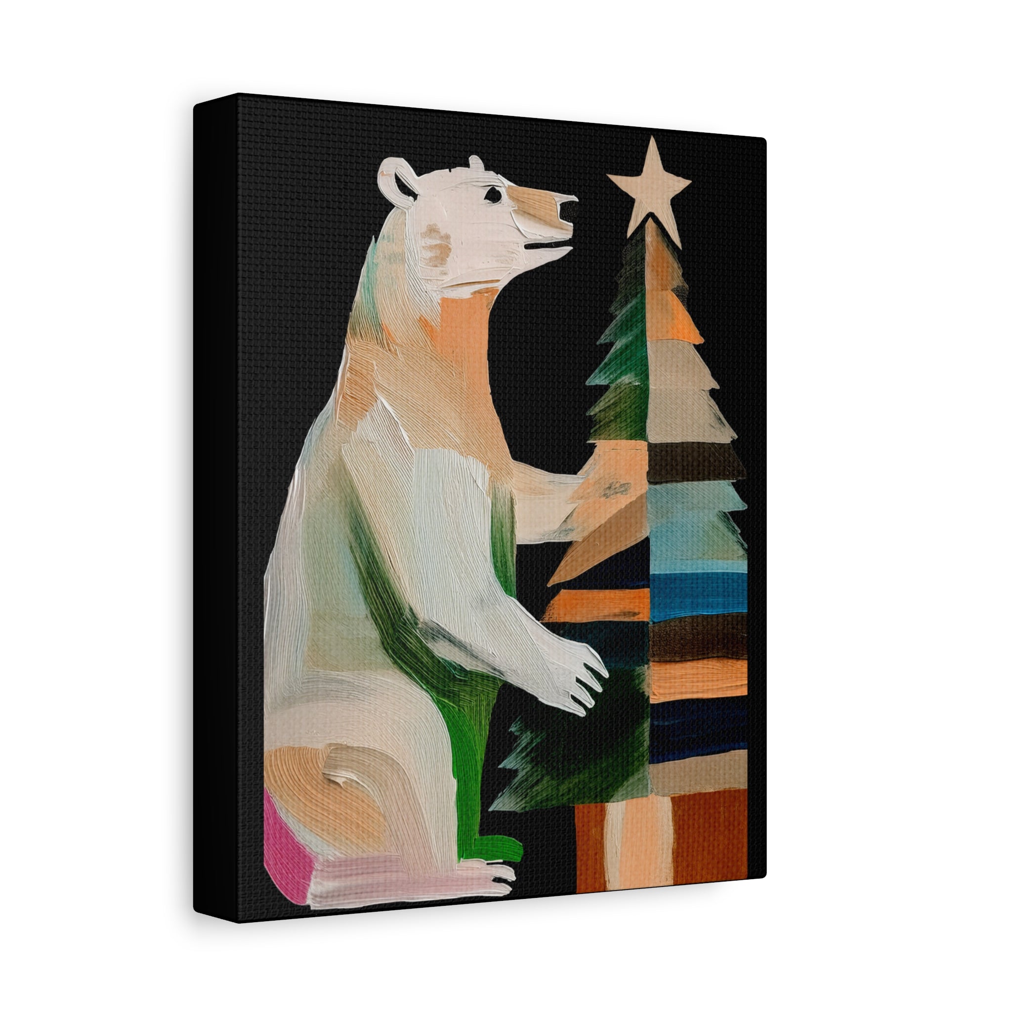 Midwest Mod Seasonal Christmas Art Print - Polar Bear Decorating Tree - Matte Canvas, Stretched, 1.25"